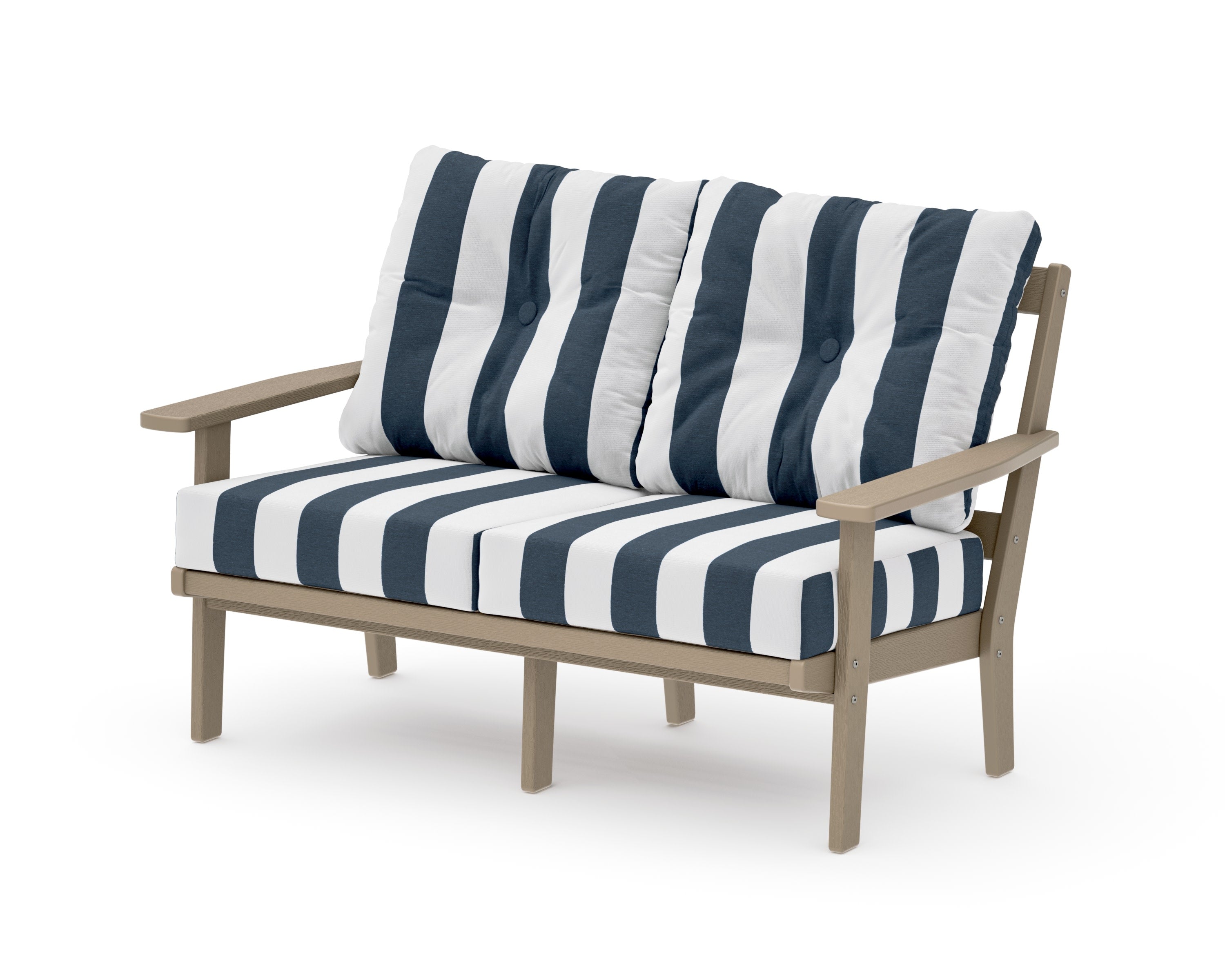 Prairie Deep SeatingLoveseat in Vintage Sahara / Cabana Stripe Marine Indigo