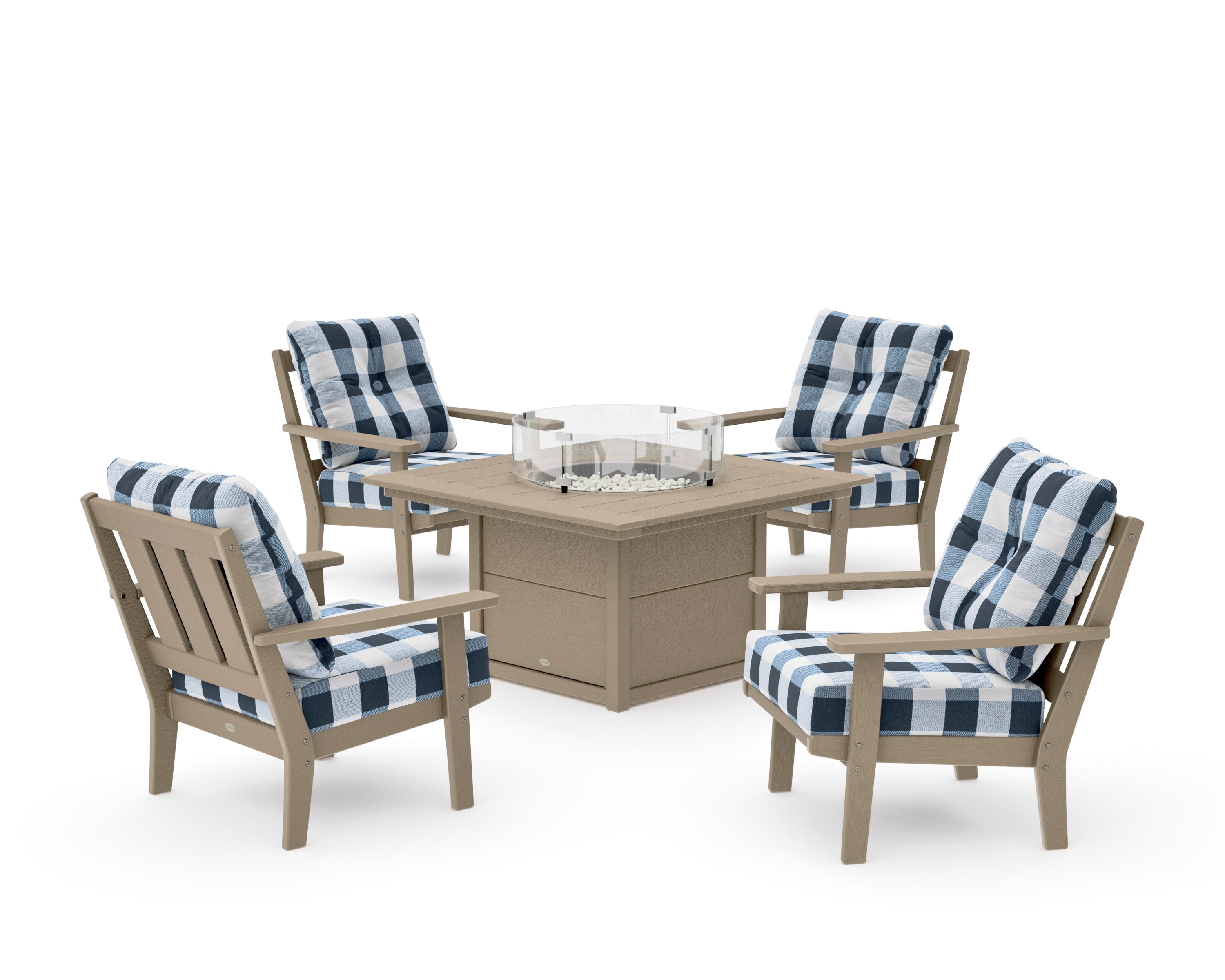 Oxford 5-Piece Deep Seating Set with Fire Pit Table in Vintage Sahara / Buffalo Plaid Marine Indigo