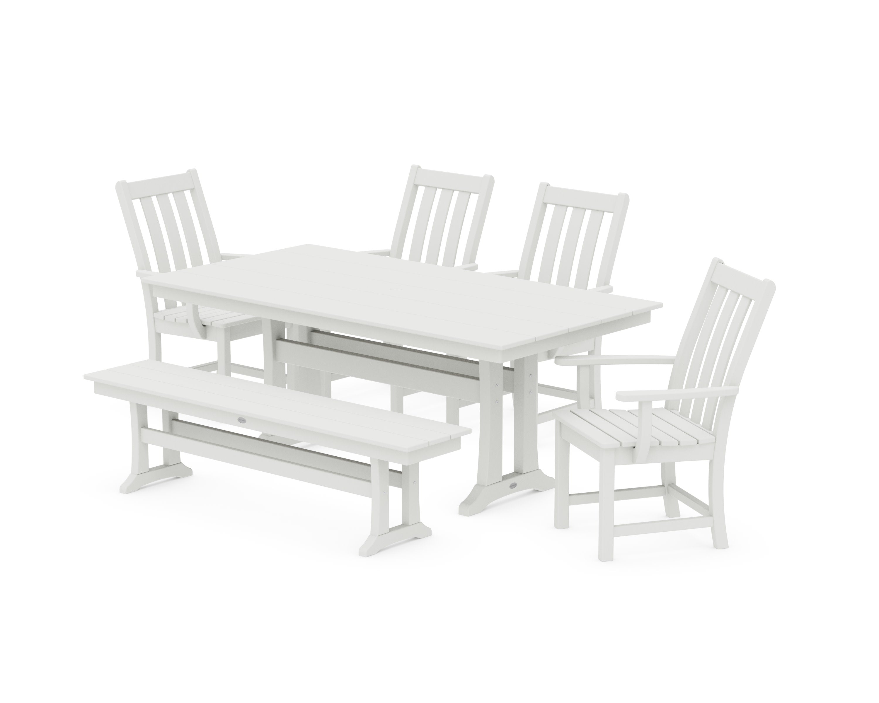 Vineyard 6-Piece Arm Chair Farmhouse Dining Set with Trestle Legs and Bench in Vintage White