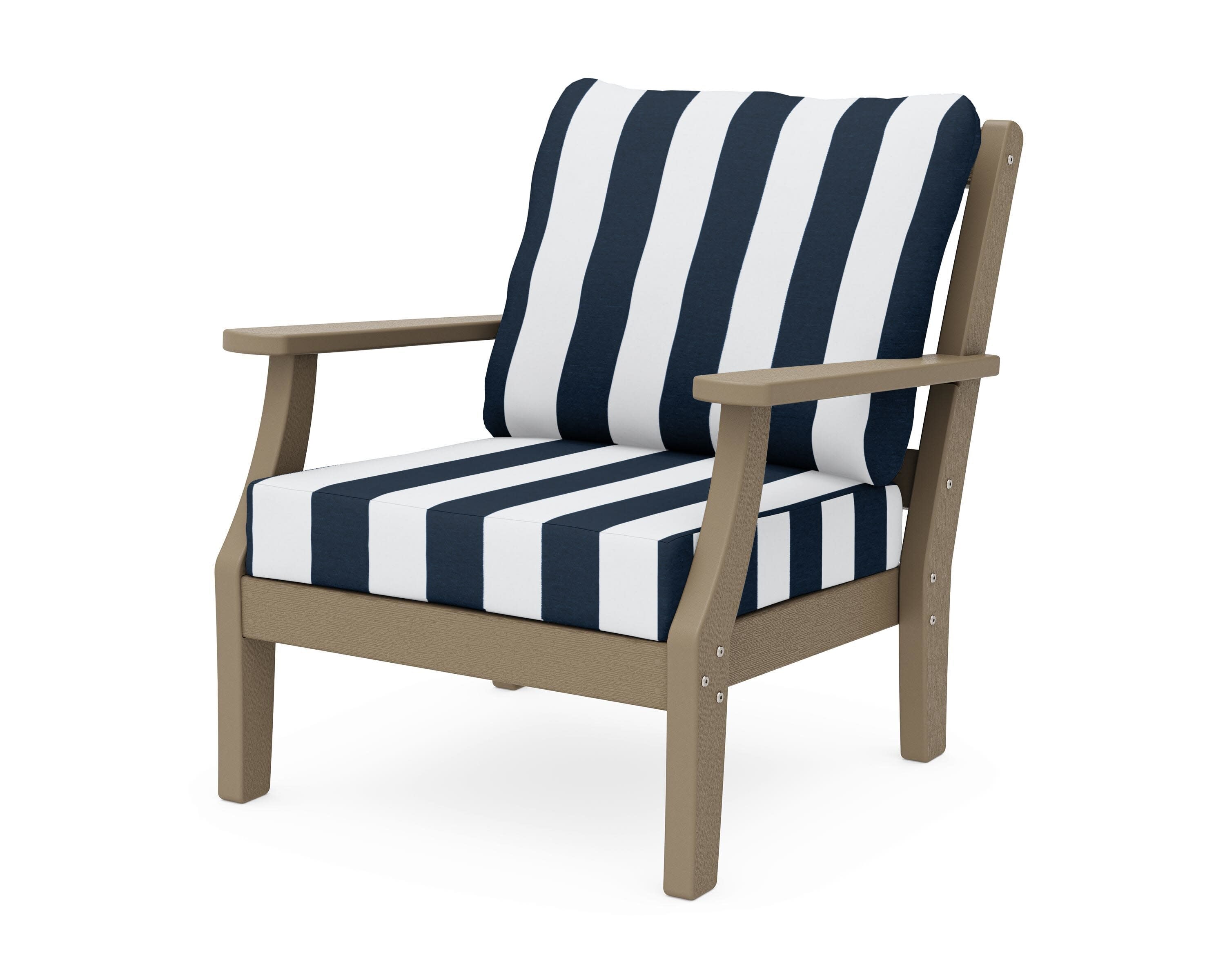 Chinoiserie Deep Seating Chair in Vintage Sahara / Cabana Stripe Marine Indigo