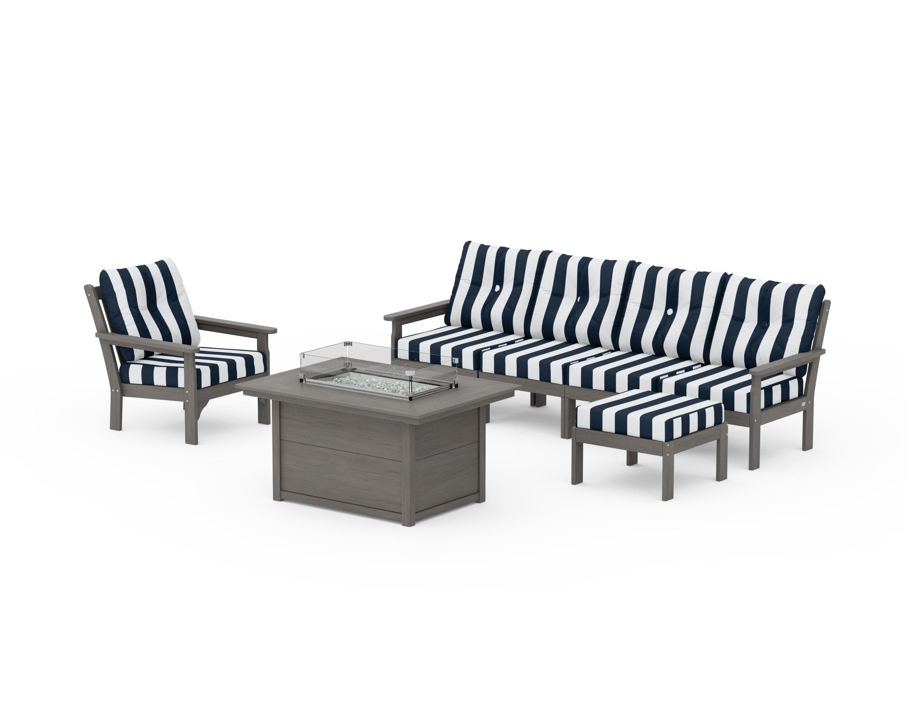 Vineyard Sectional Lounge and Fire Pit Set in Driftwood / Cabana Stripe Marine Indigo