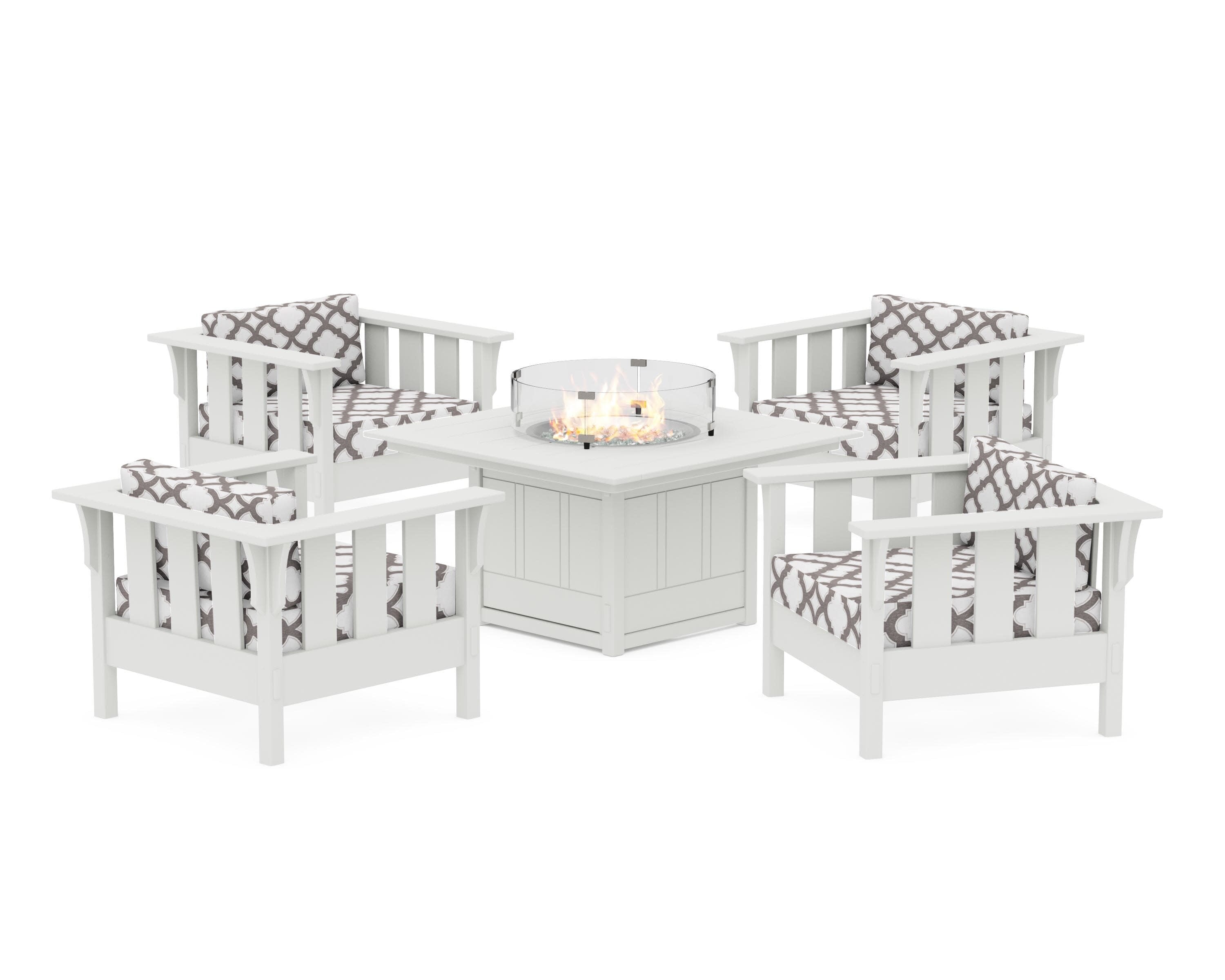 Acadia 5-Piece Deep Seating Set with Fire Pit Table in White / Trellis Grey Mist
