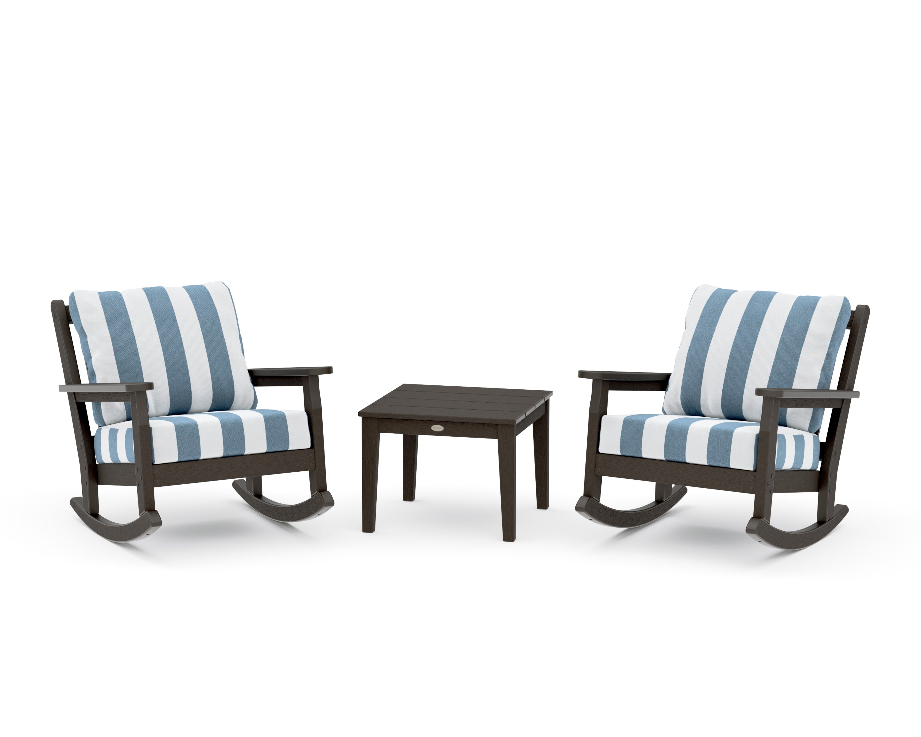 Chippendale 3-Piece Deep Seating Rocker Set in Vintage Coffee / Cabana Stripe Sky Blue