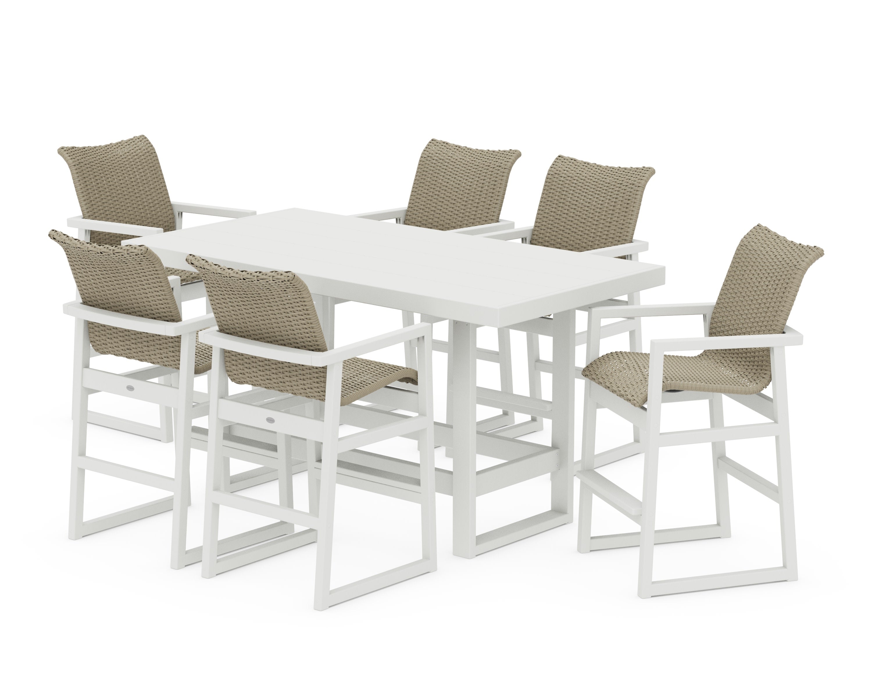 EDGE Woven Arm Chair 7-Piece Bar Set in Vintage White / Dune Grass