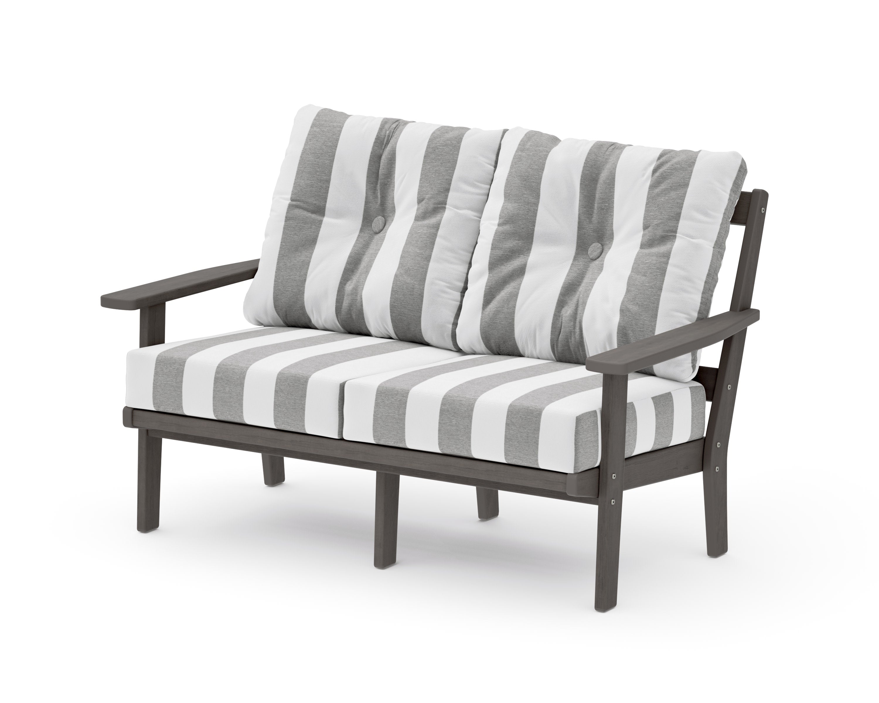 Prairie Deep SeatingLoveseat in Driftwood / Cabana Stripe Grey Mist