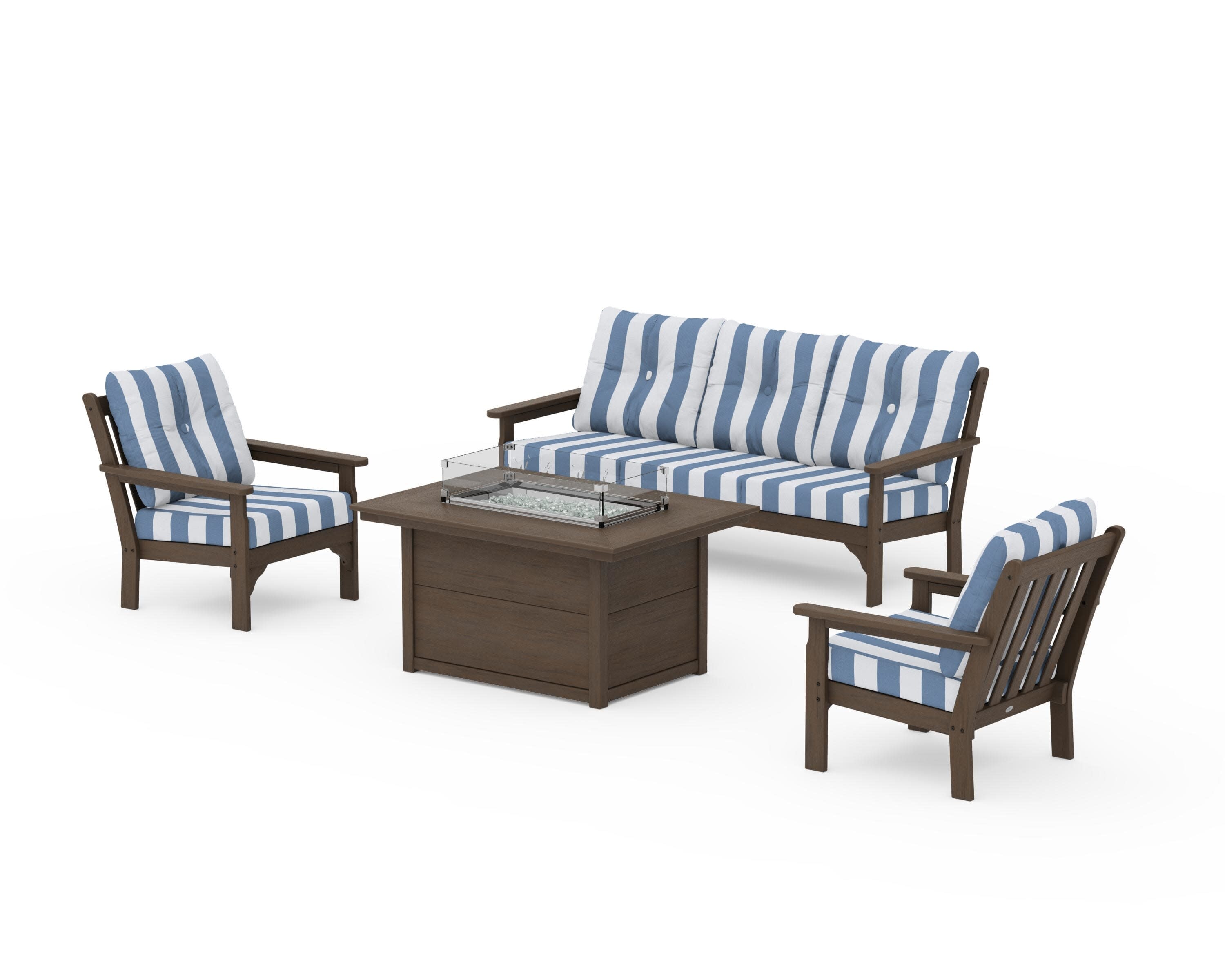 Vineyard Deep Seating Fire Pit Table Set in Kona / Cabana Stripe Sky Blue
