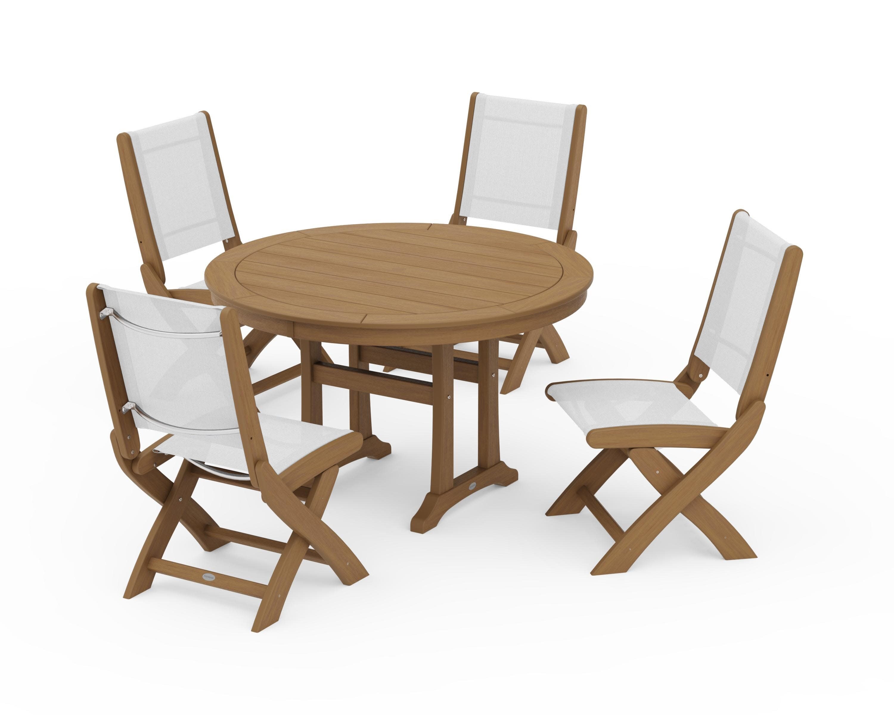 Coastal Folding Side Chair 5-Piece Round Dining Set With Trestle Legs in Natural / White Sling