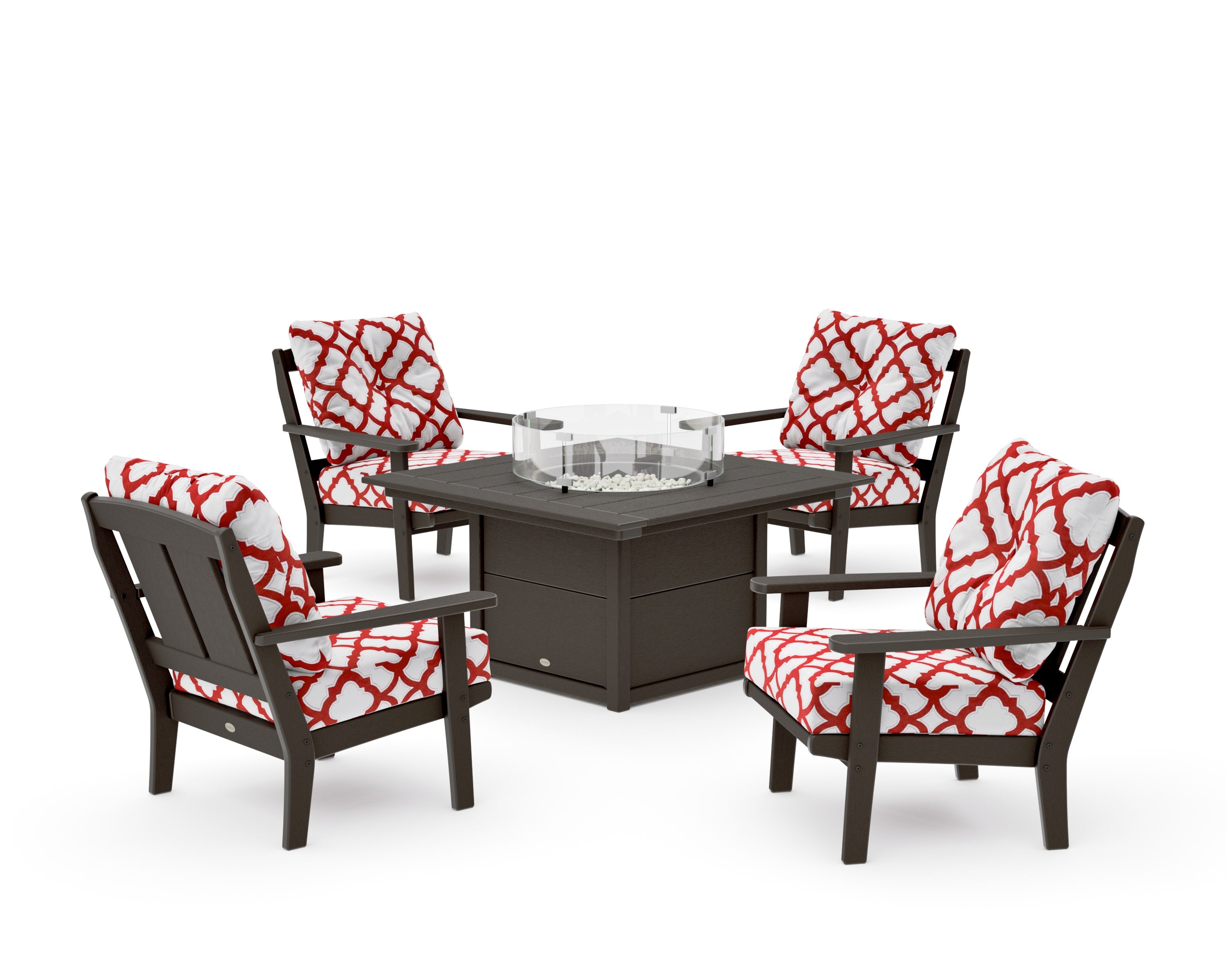Mission 5-Piece Deep Seating Set with Fire Pit Table in Vintage Coffee / Trellis Crimson
