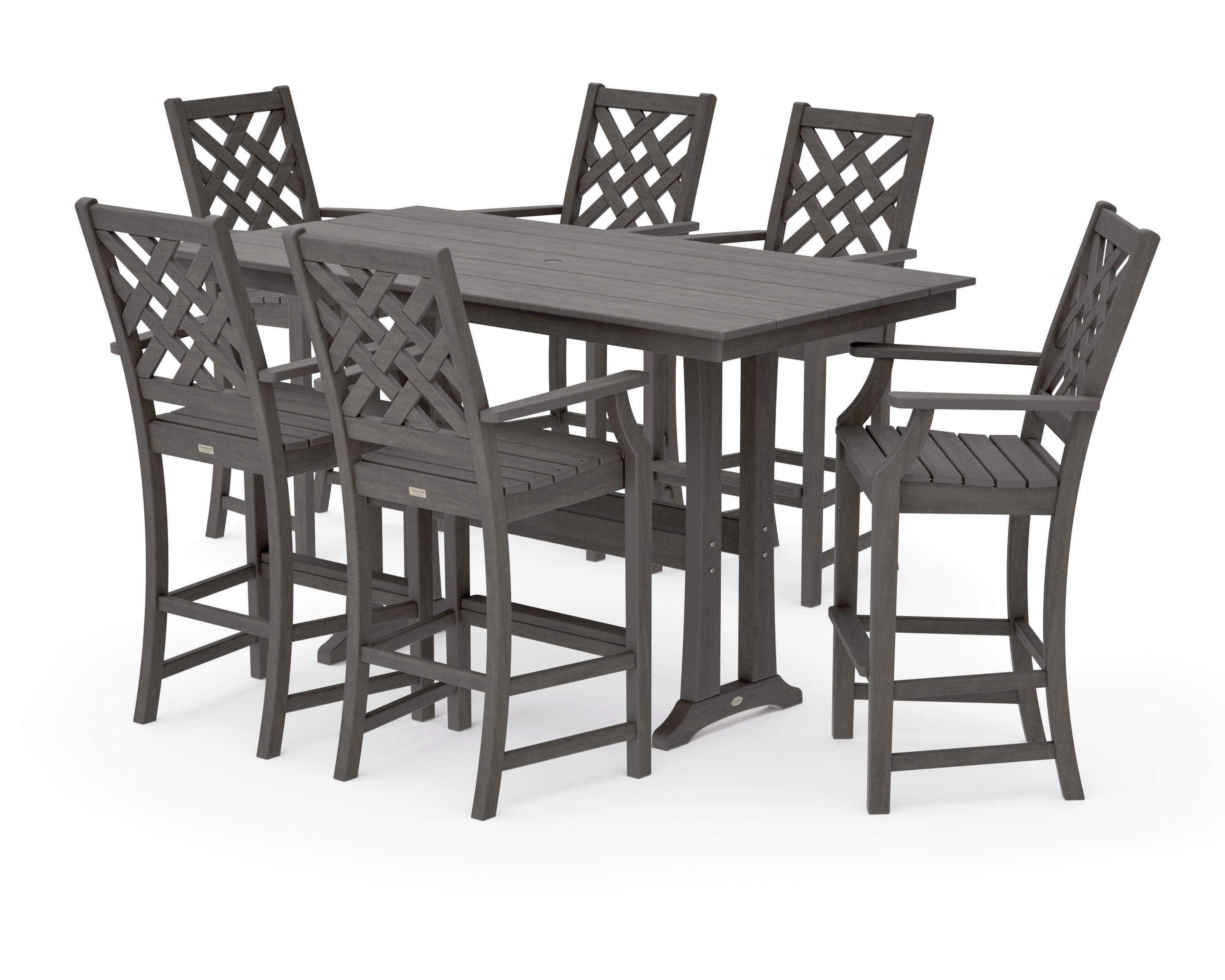 Wovendale Arm Chair 7-Piece Farmhouse Bar Set with Trestle Legs in Driftwood