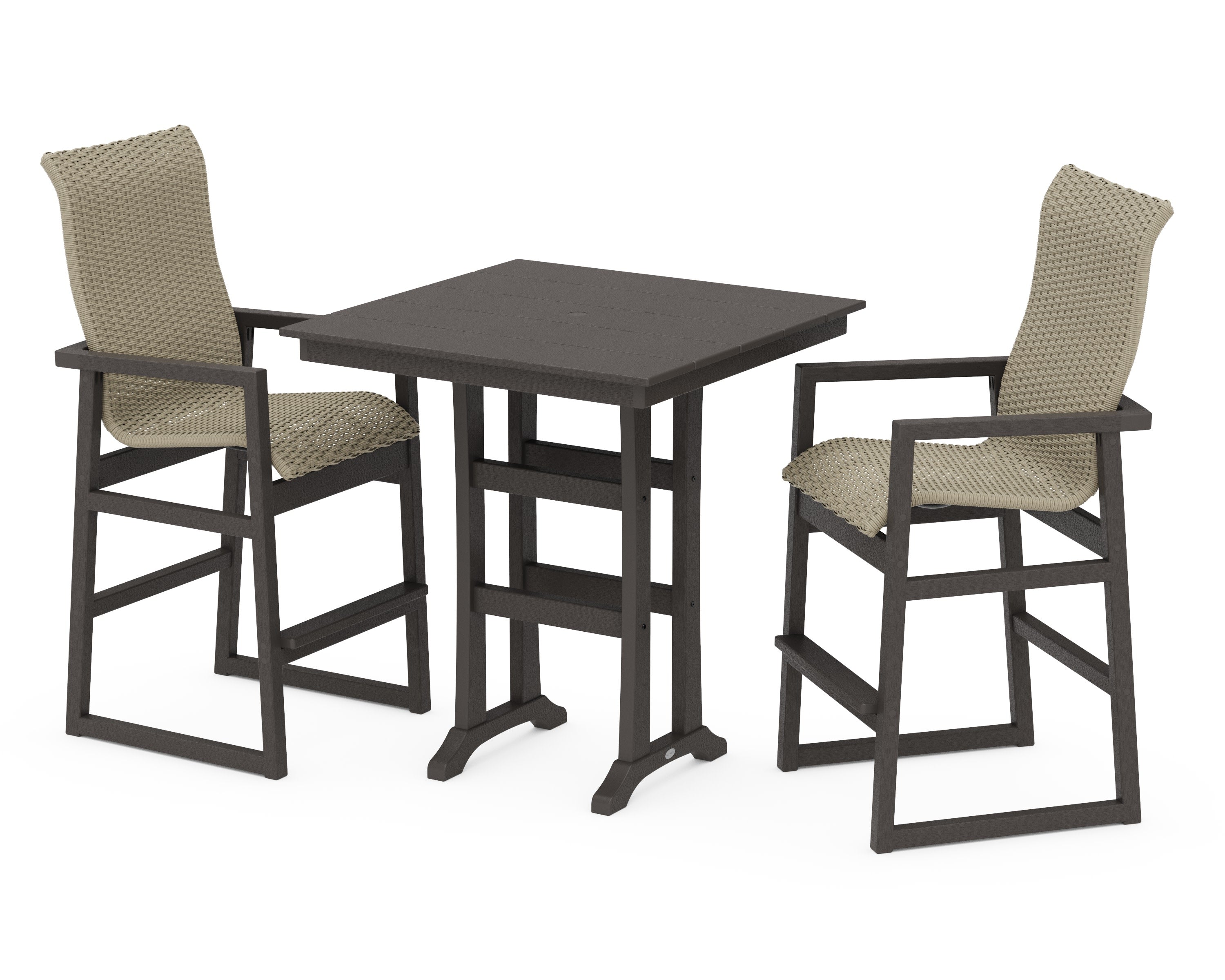 EDGE Woven Highback 3-Piece Farmhouse Bar Set with Trestle Legs in Vintage Coffee / Dune Grass