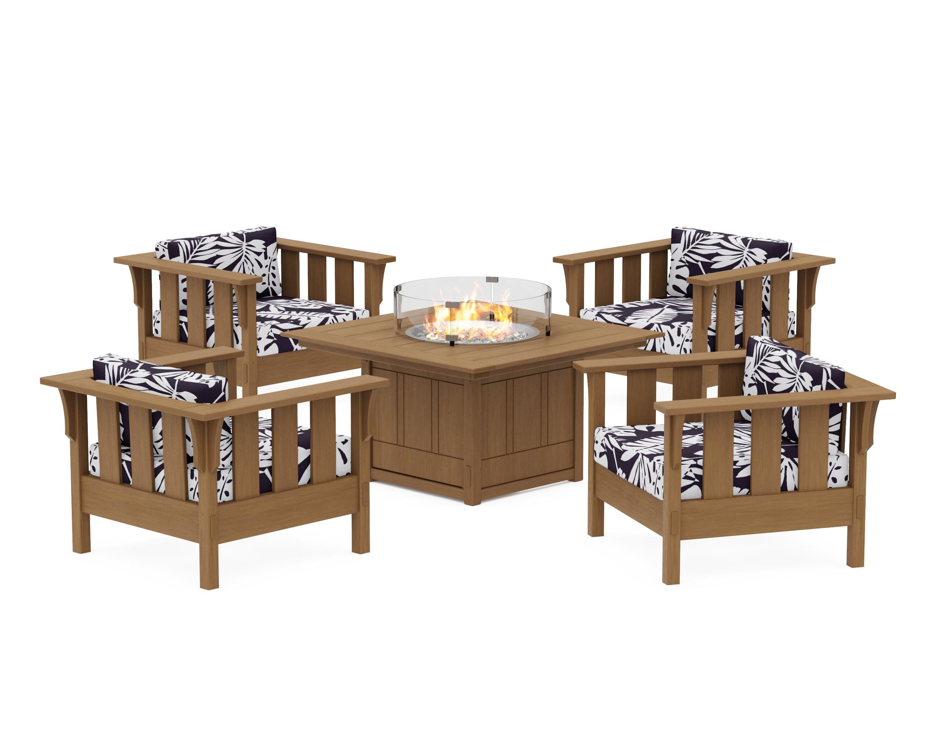 Acadia 5-Piece Deep Seating Set with Fire Pit Table in Natural / Leaf Navy