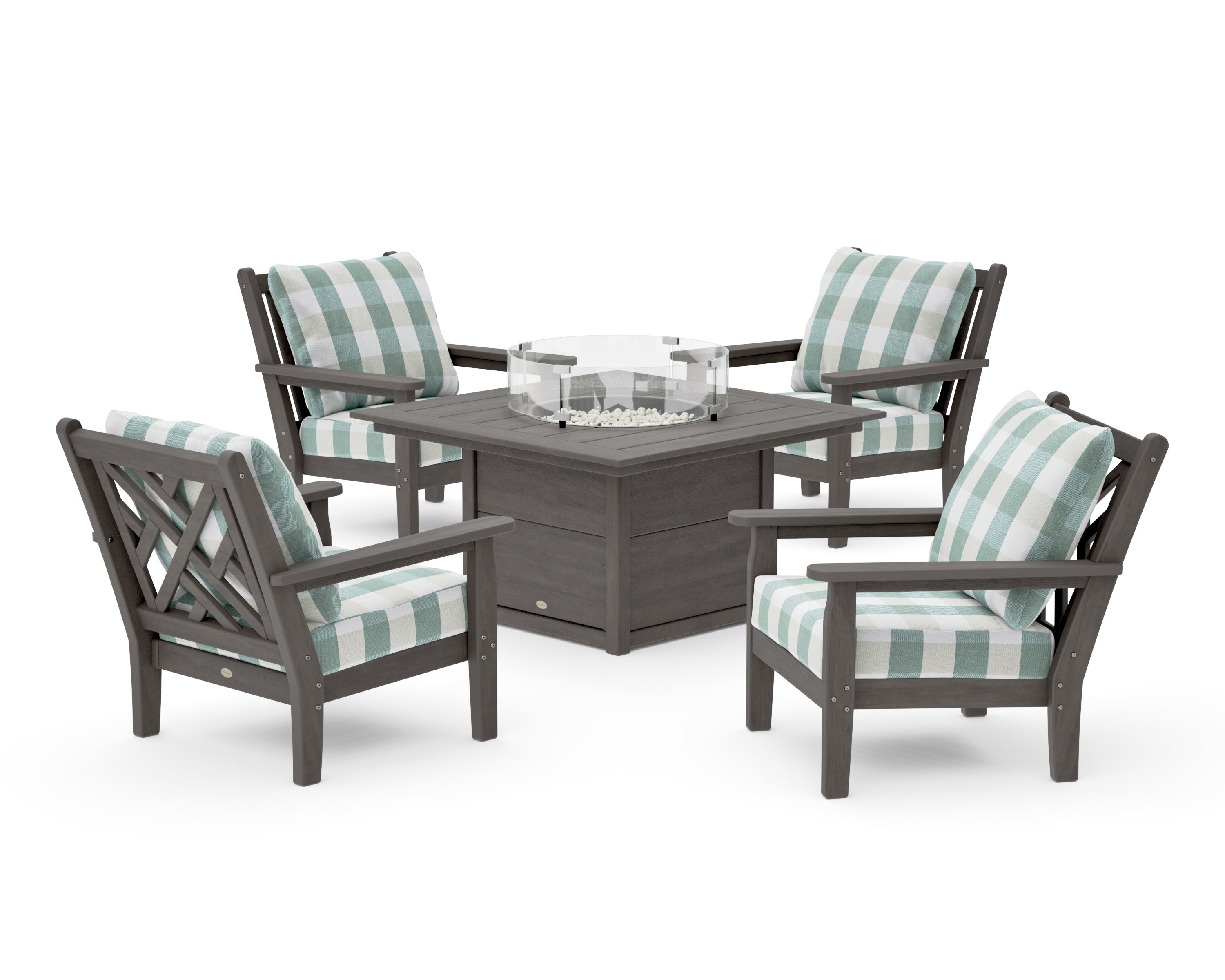 Chippendale 5-Piece Deep Seating Set with Fire Pit Table in Driftwood / Buffalo Plaid Glacier Spa