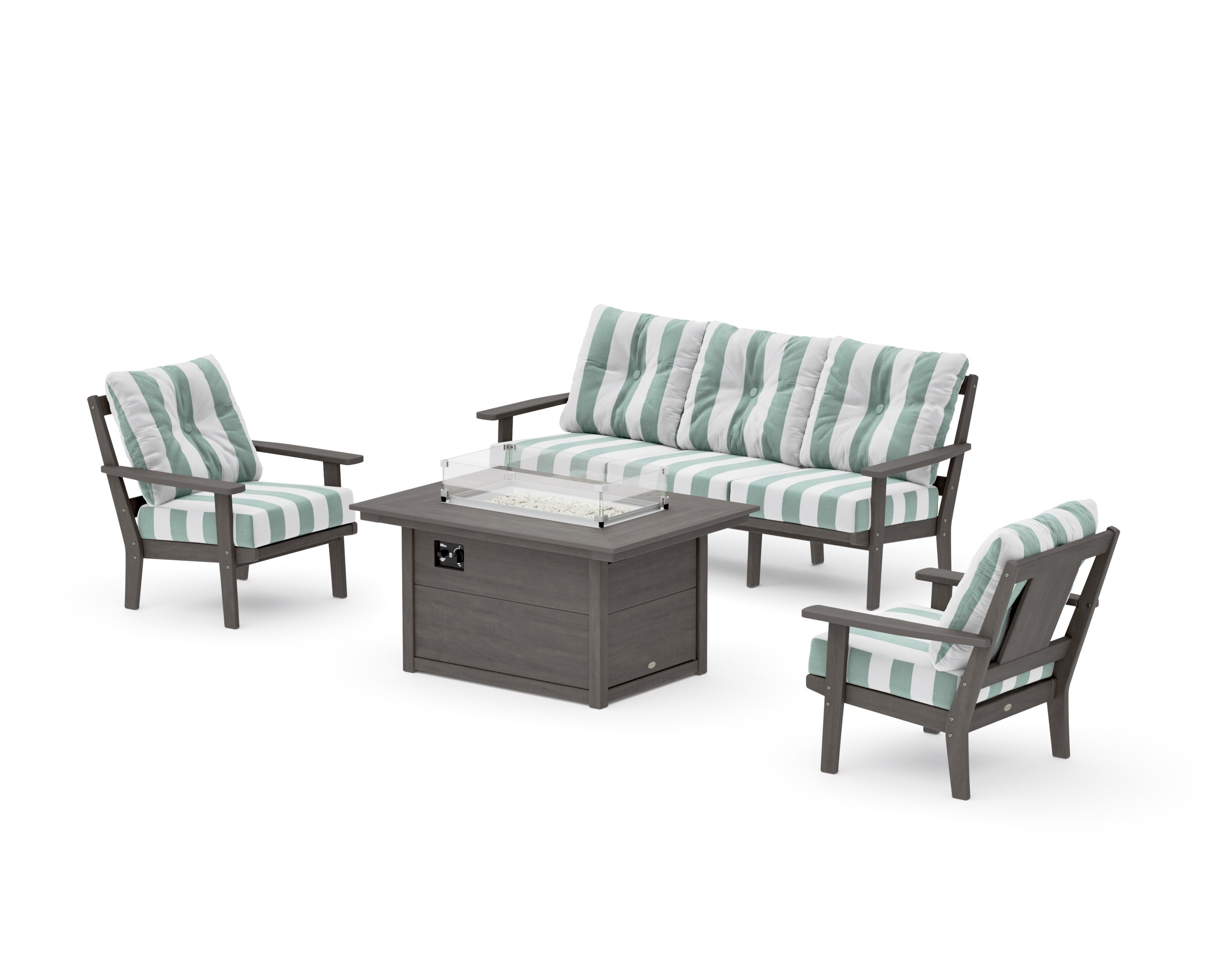 Prairie Deep Seating Fire Pit Table Set in Driftwood / Cabana Stripe Glacier Spa