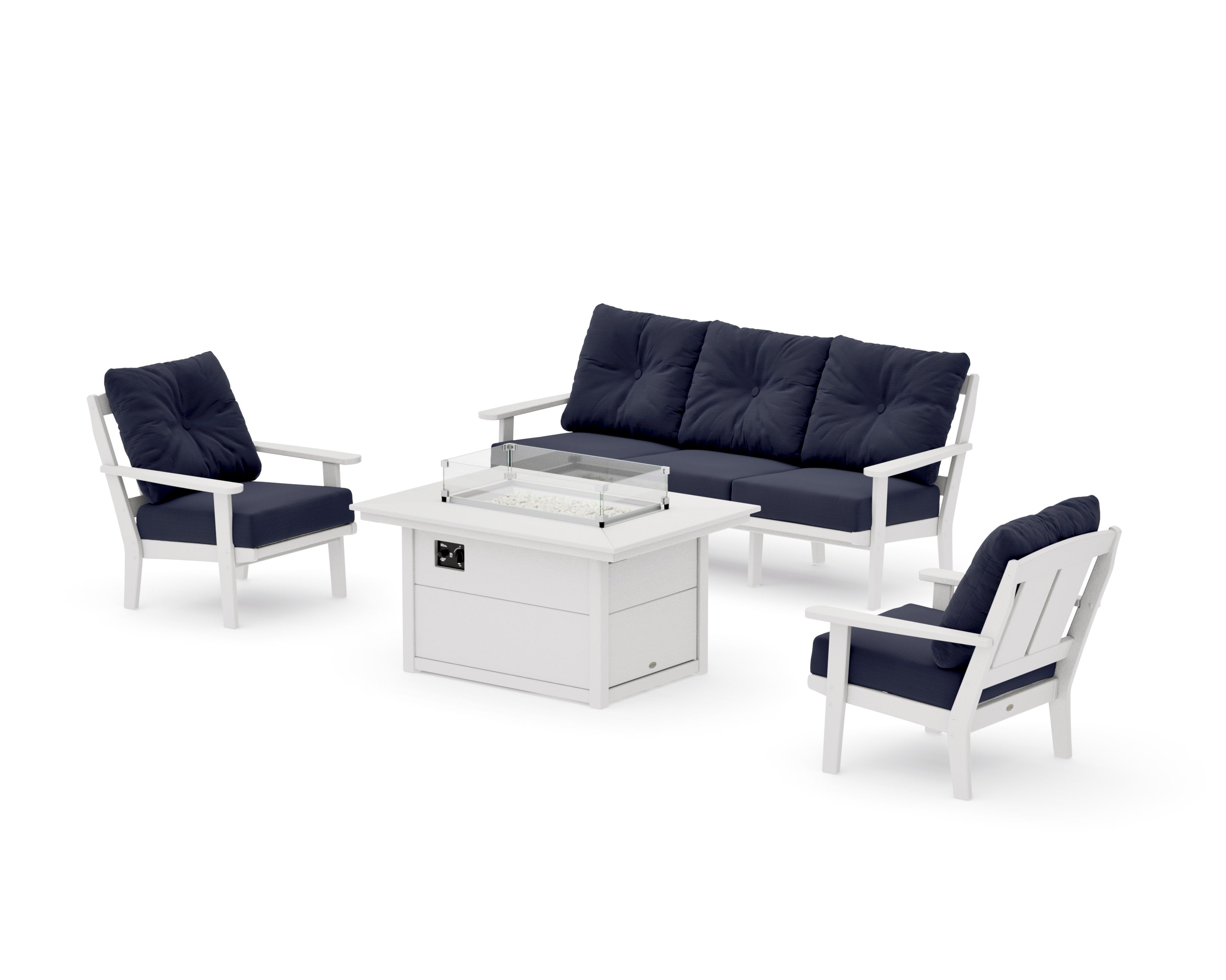 Mission Deep Seating Fire Pit Table Set in Vintage White / Navy Linen