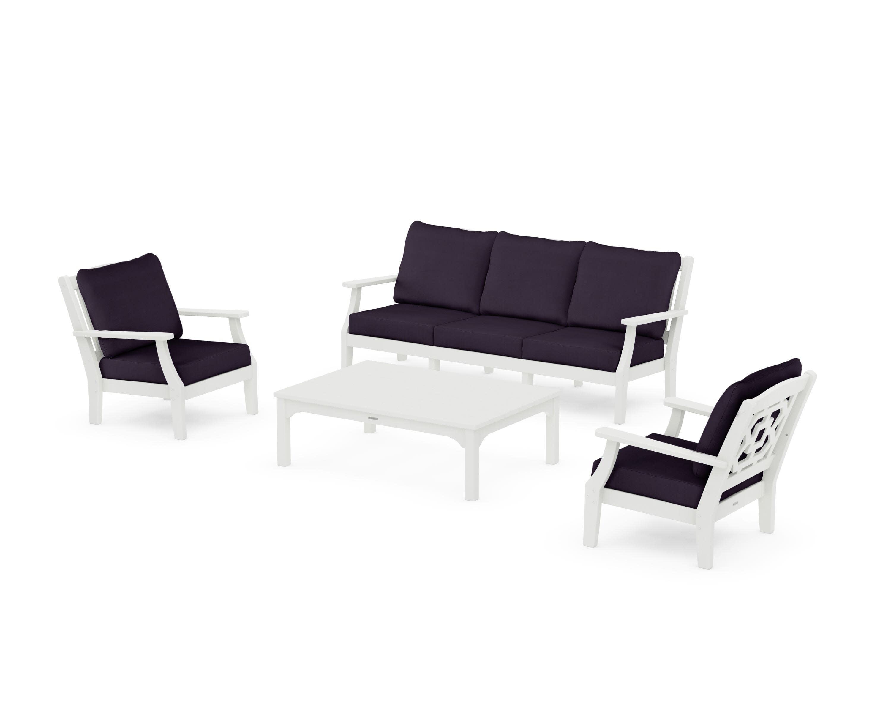 Chinoiserie 4-Piece Deep Seating Set with Sofa in Vintage White / Navy Linen
