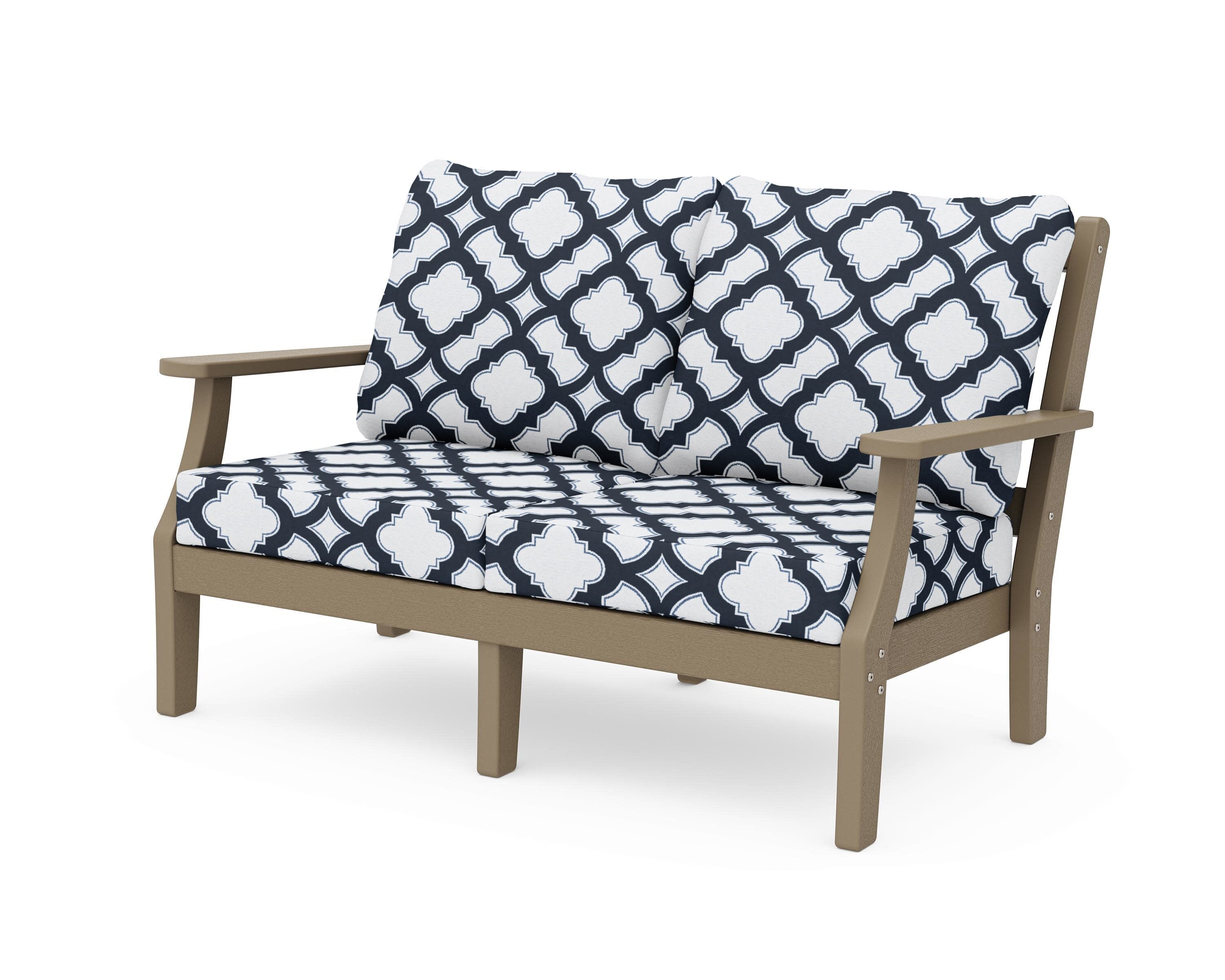 Chinoiserie Deep Seating Loveseat in Vintage Sahara / Trellis Marine Indigo