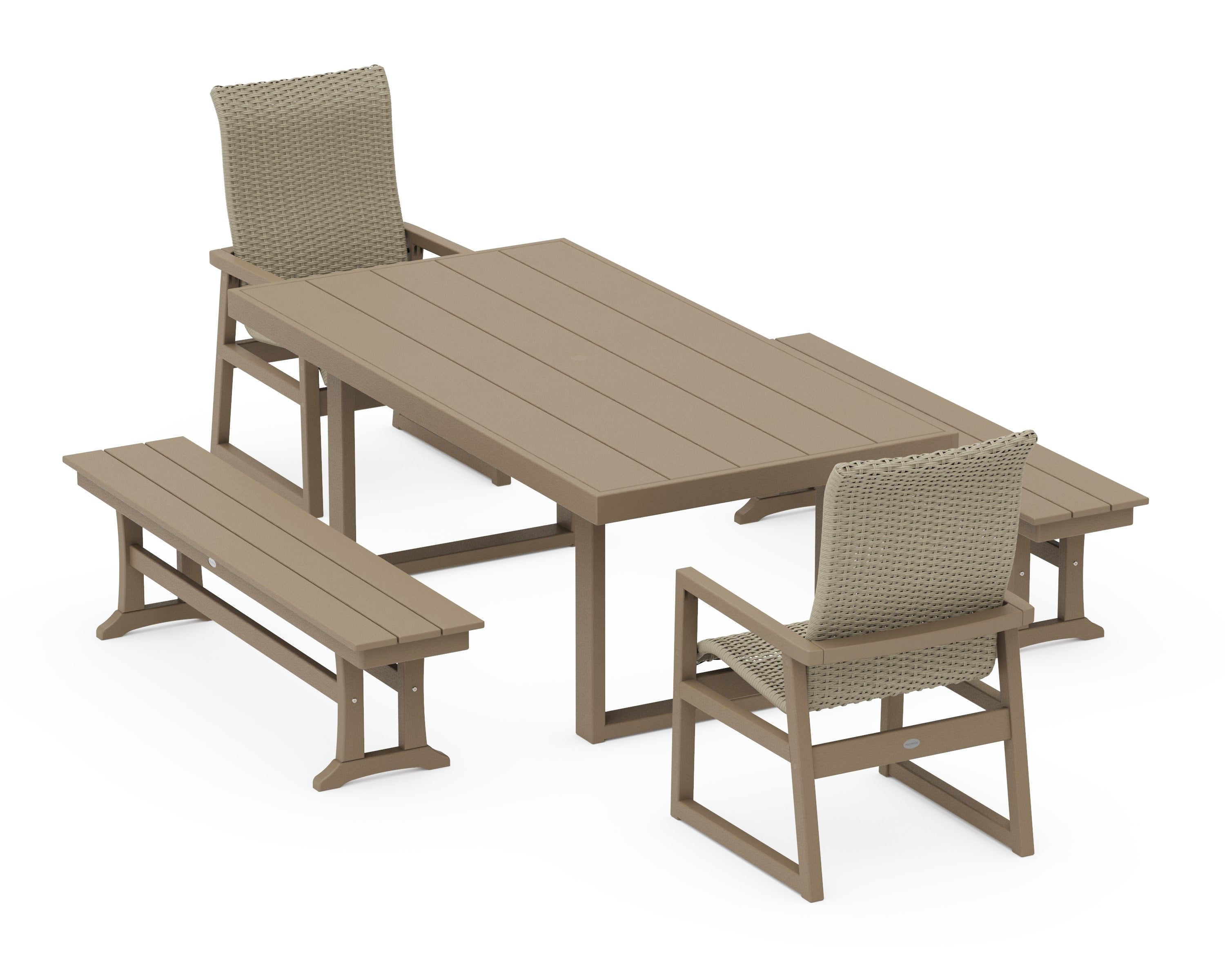 EDGE Woven Highback 5-Piece Dining Set with Benches in Vintage Sahara / Dune Grass