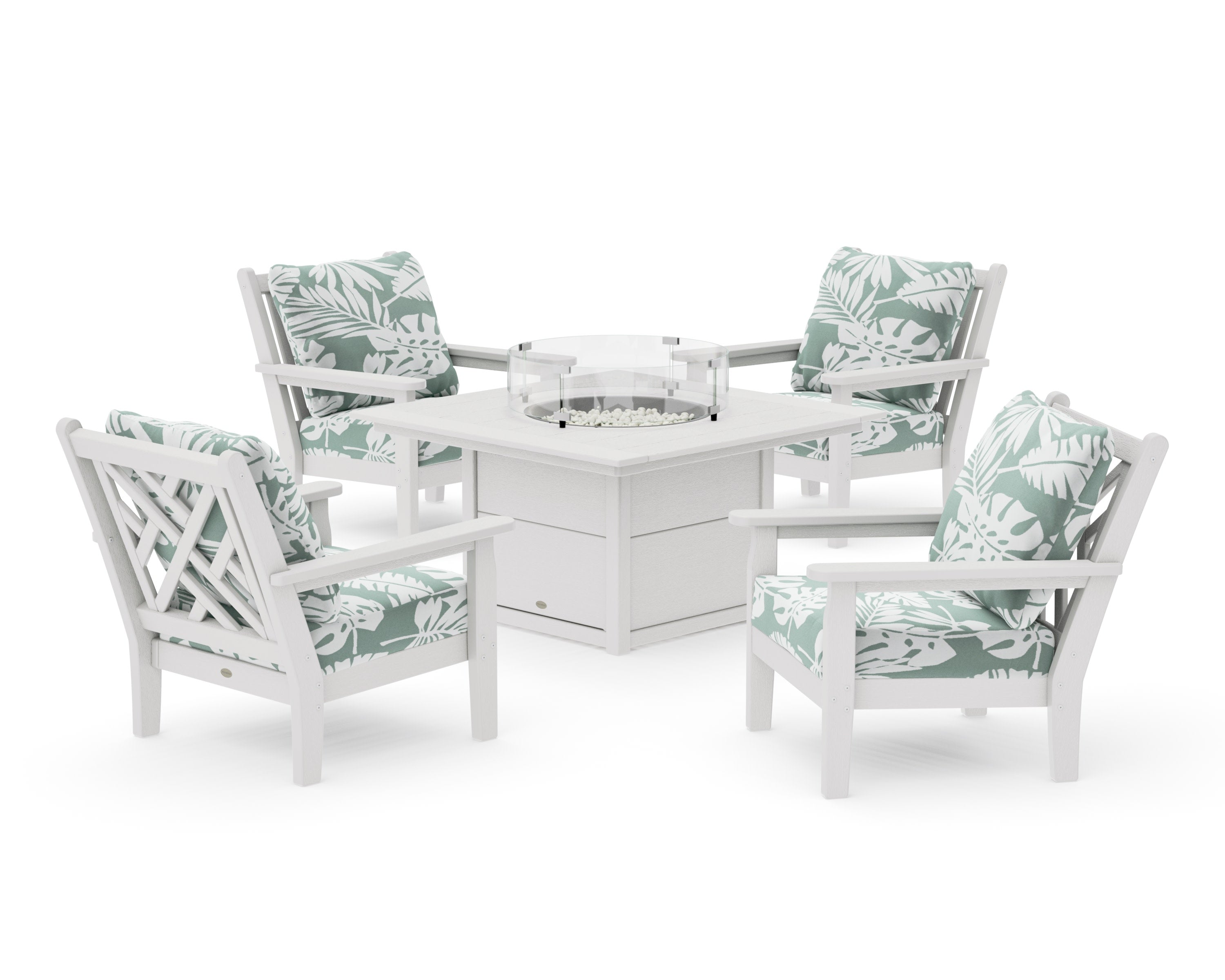 Chippendale 5-Piece Deep Seating Set with Fire Pit Table in Vintage White / Leaf Glacier Spa