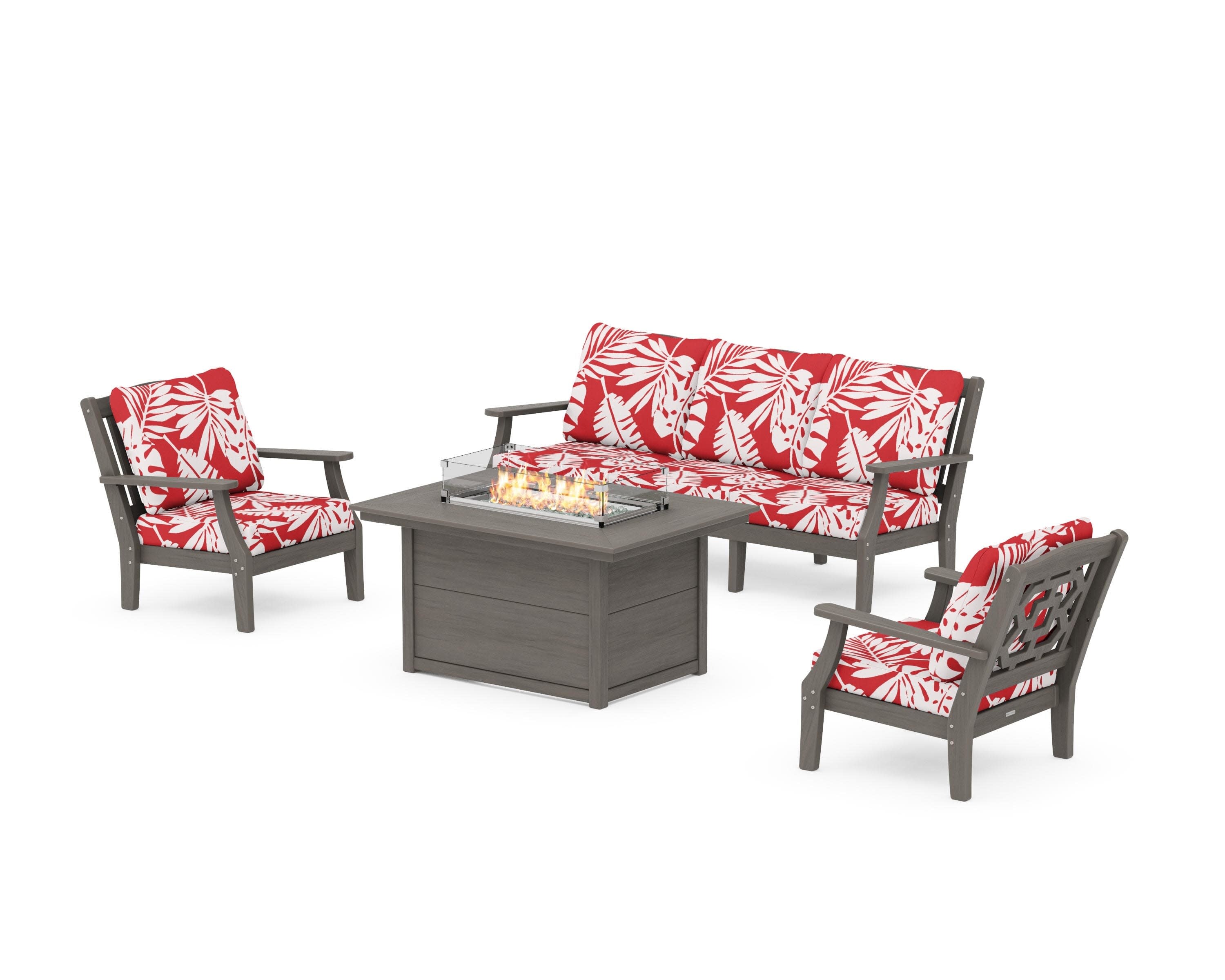 Chinoiserie Deep Seating Fire Pit Table Set in Driftwood / Leaf Crimson