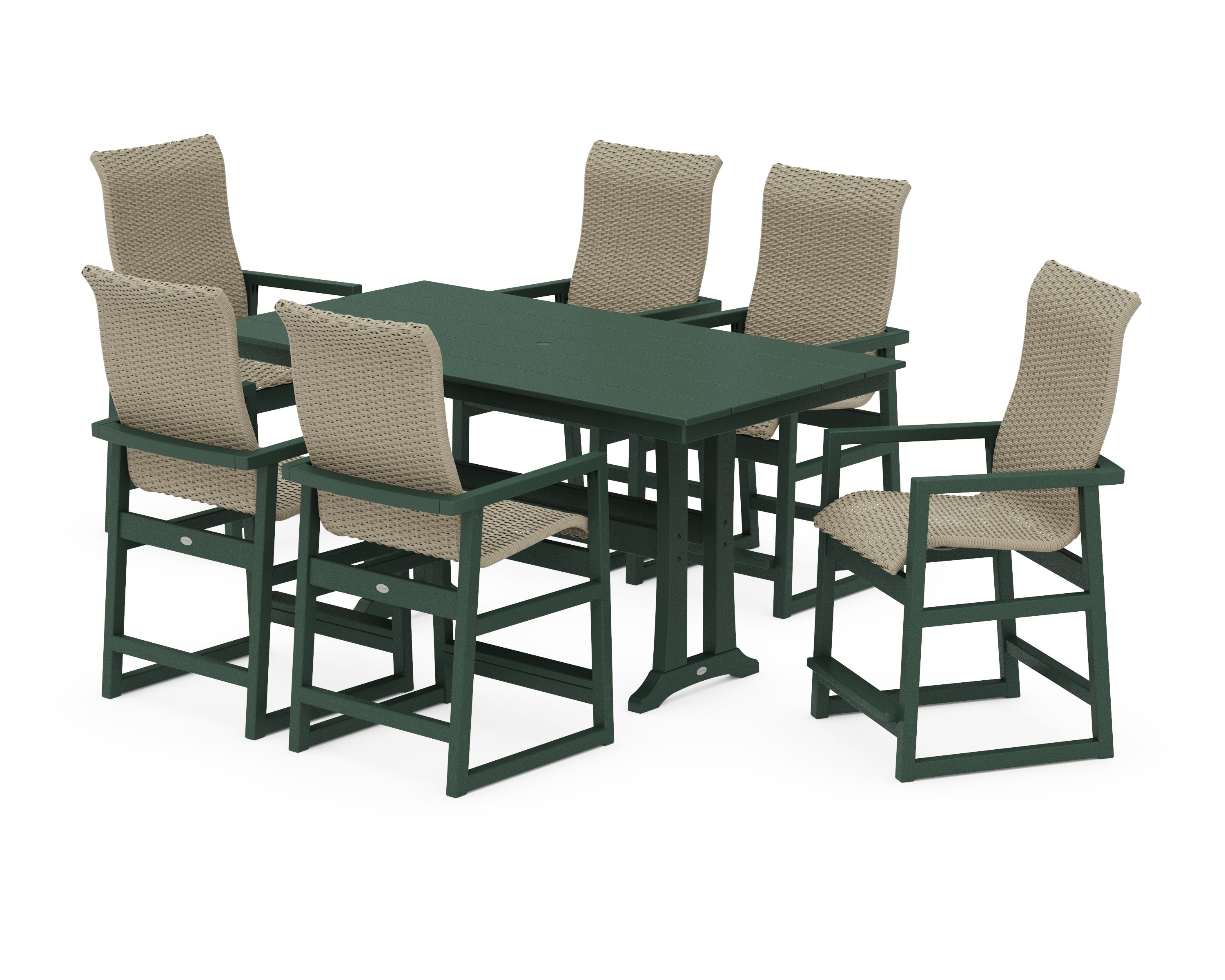 EDGE Woven Highback Arm Chair 7-Piece Farmhouse Counter Set with Trestle Legs in Green / Dune Grass