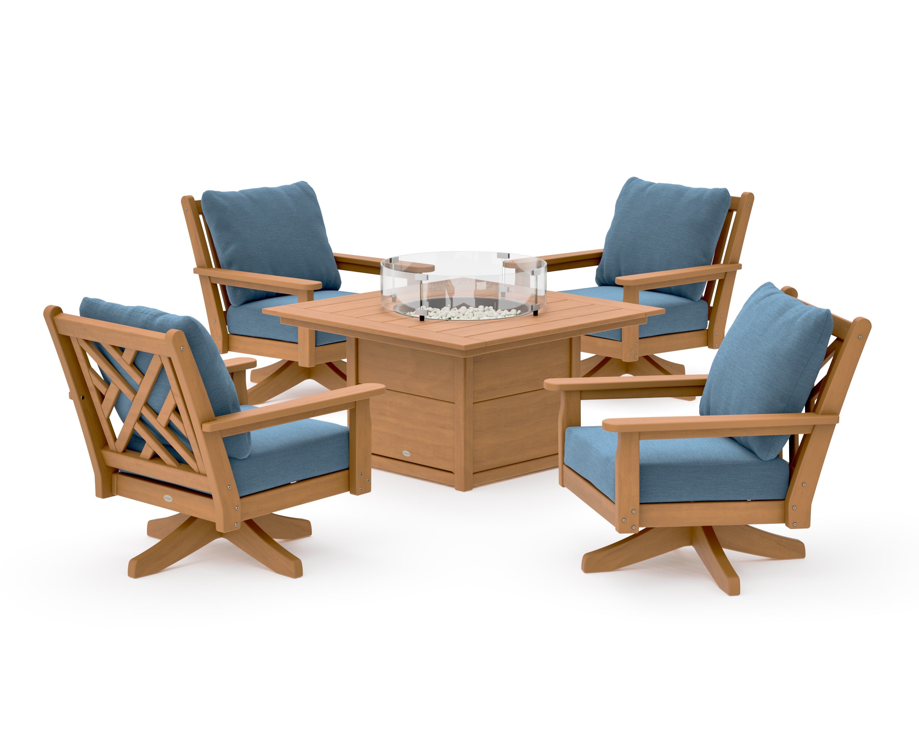 Chippendale 5-Piece Deep Seating Swivel Conversation Set with Fire Pit Table in Natural / Sky Blue