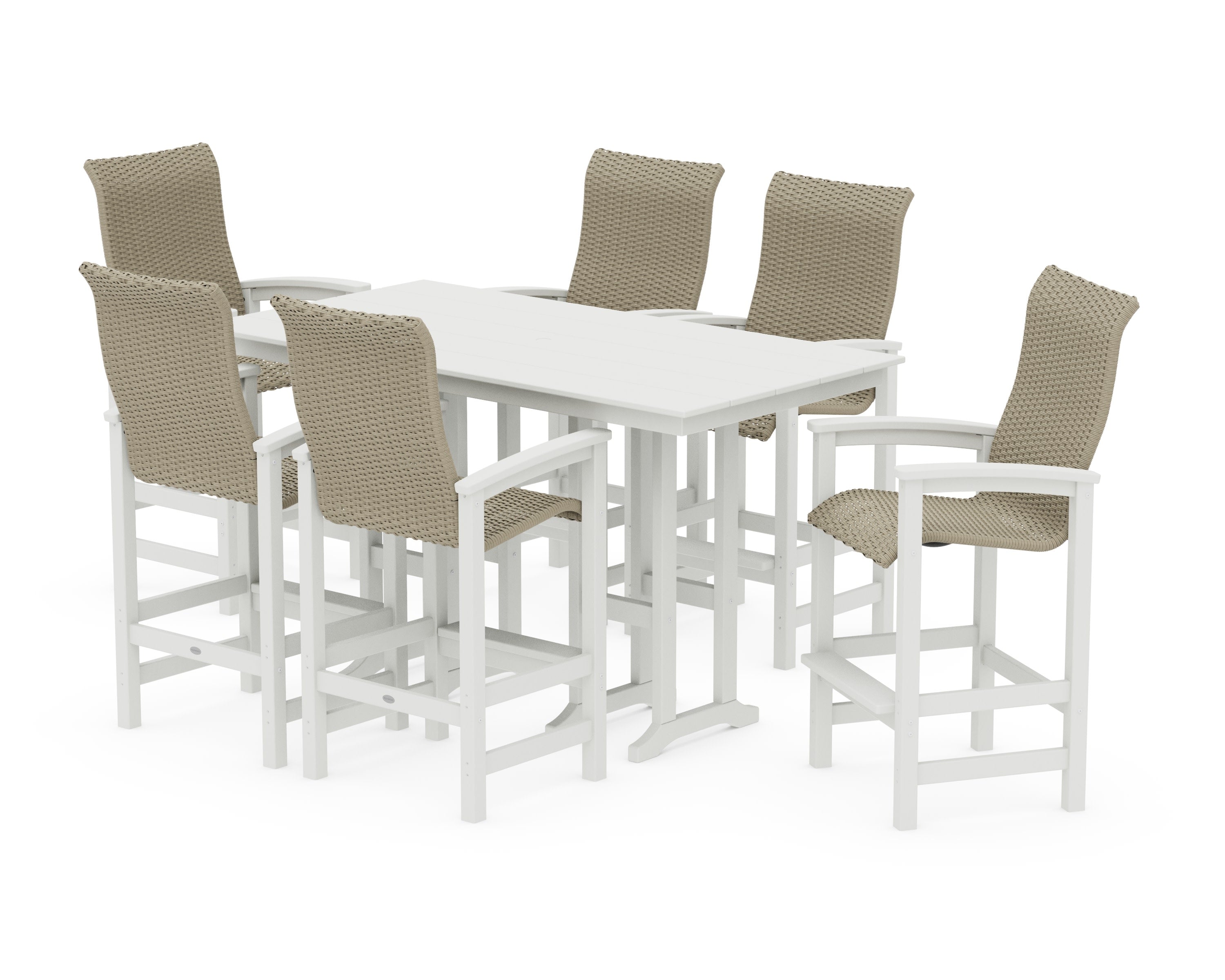 Coastal Woven High-Back Arm Chair 7-Piece Farmhouse Bar Set in Vintage White / Dune Grass
