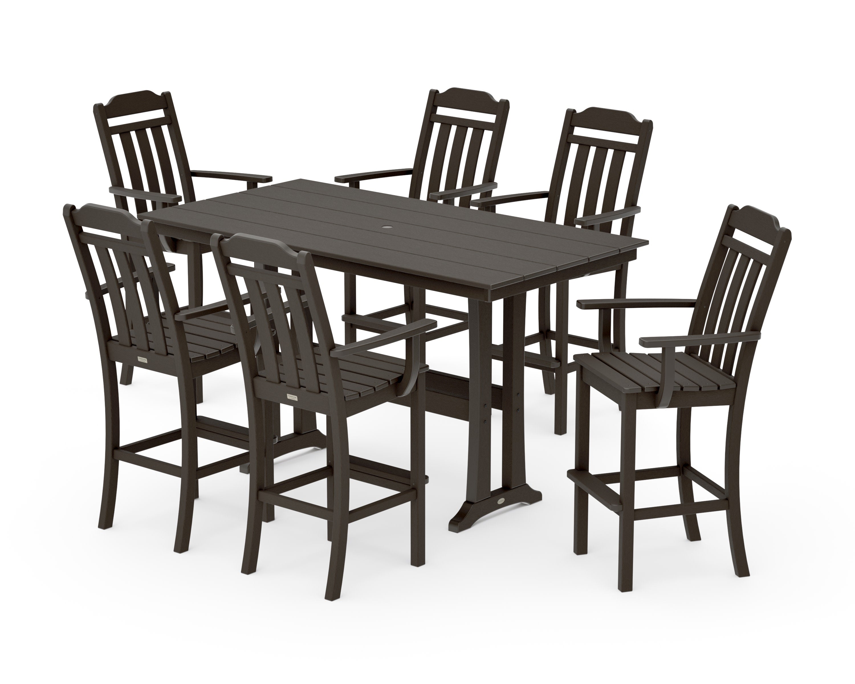 Cottage Arm Chair 7-Piece Farmhouse Bar Set with Trestle Legs in Vintage Coffee