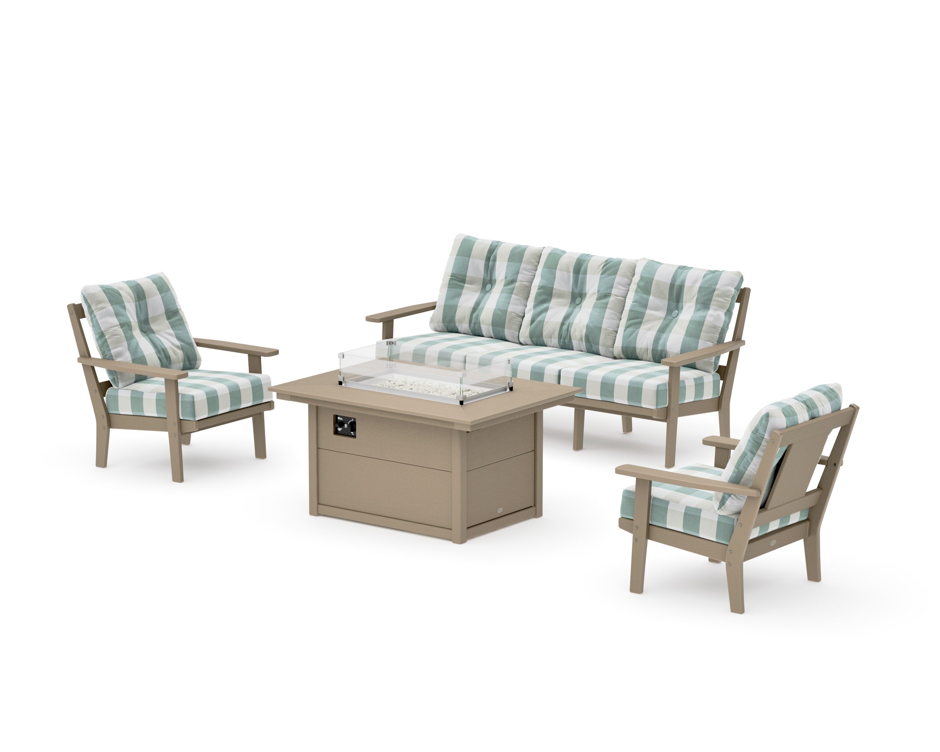Prairie Deep Seating Fire Pit Table Set in Vintage Sahara / Buffalo Plaid Glacier Spa