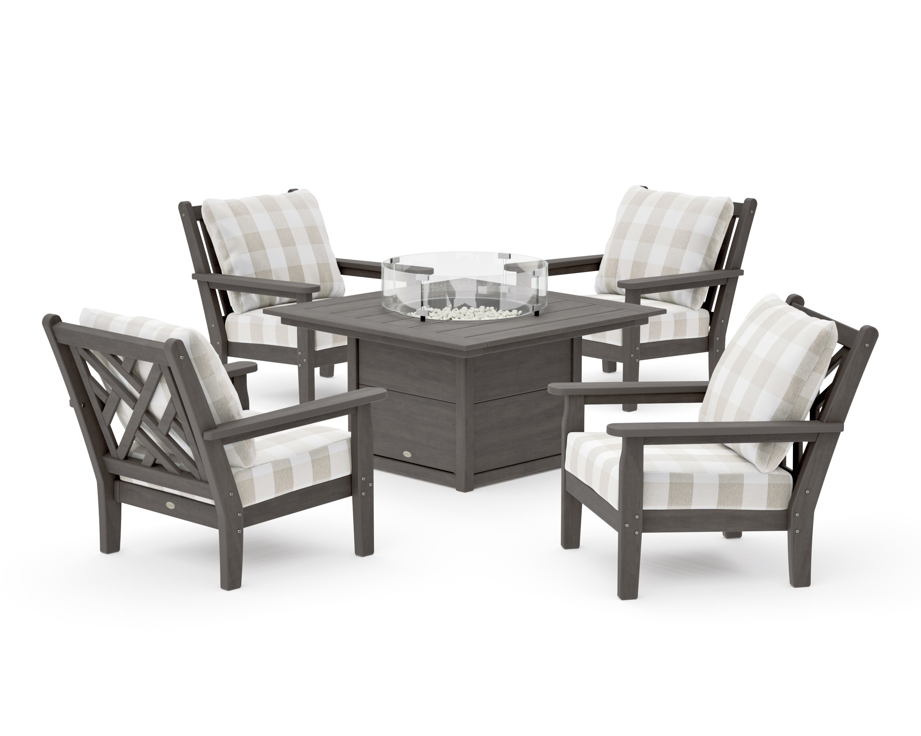 Chippendale 5-Piece Deep Seating Set with Fire Pit Table in Driftwood / Buffalo Plaid Dune Burlap