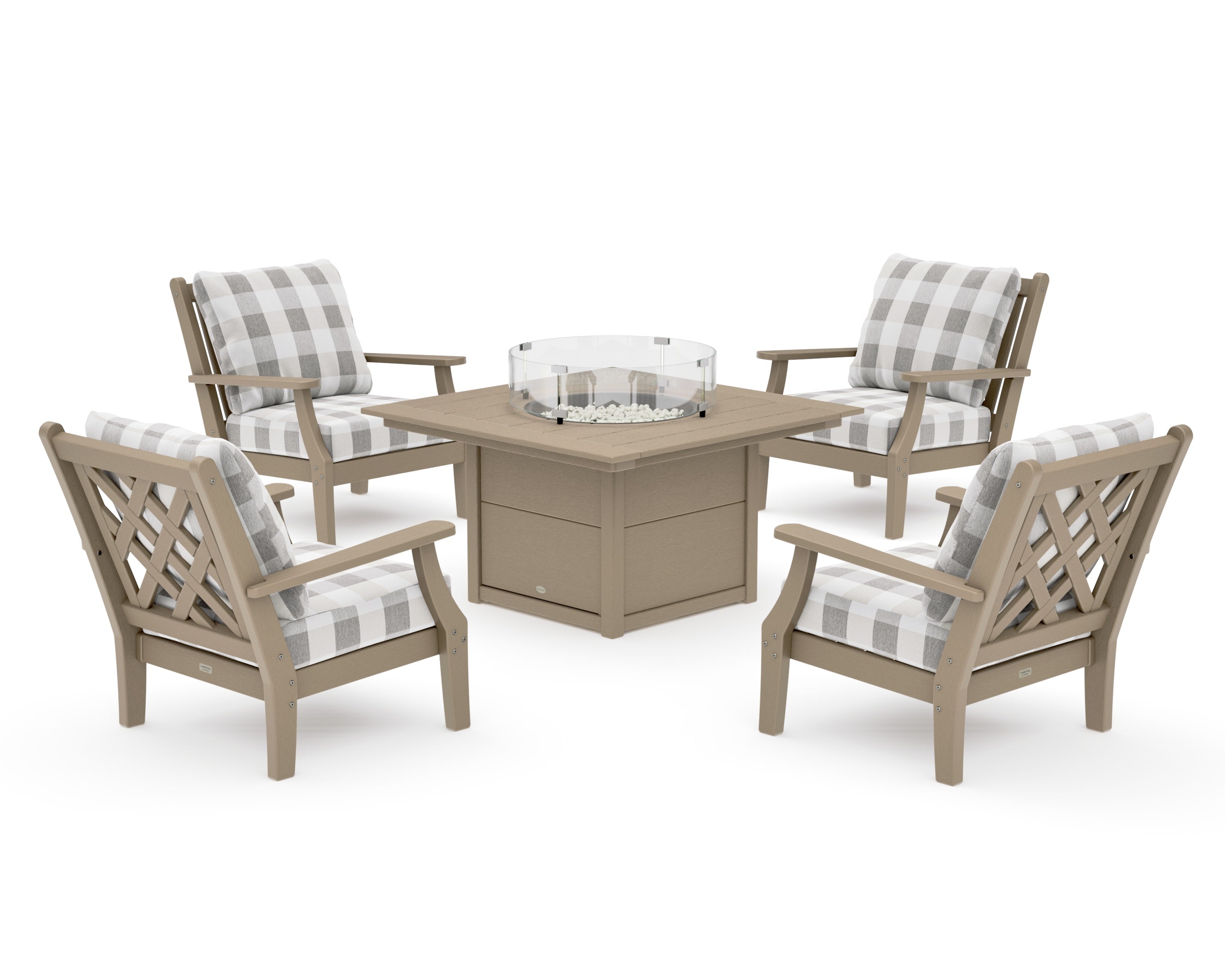 Wovendale 5-Piece Deep Seating Set with Fire Pit Table in Vintage Sahara / Buffalo Plaid Grey Mist