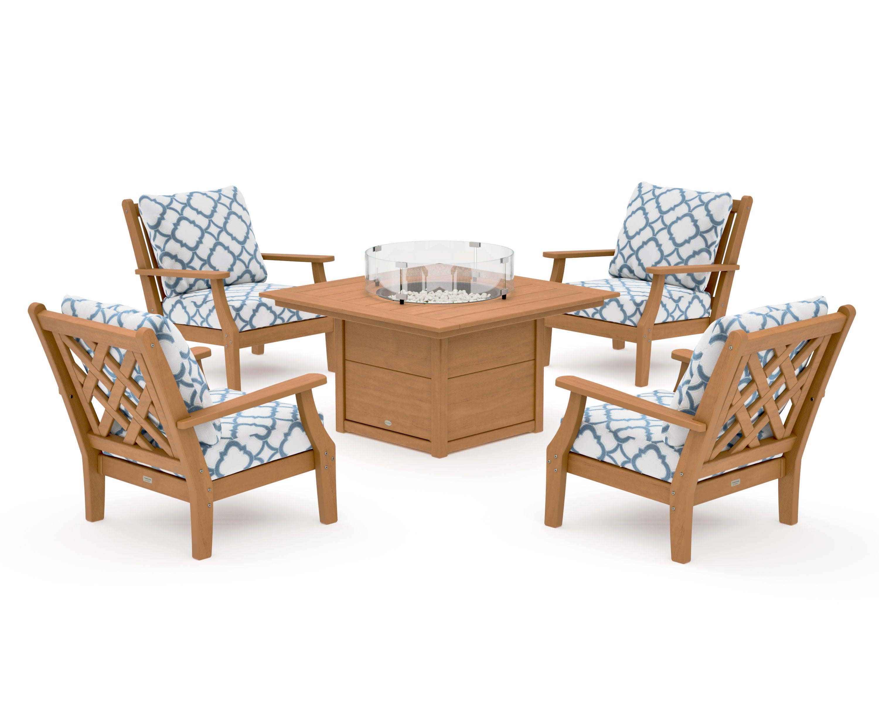 Wovendale 5-Piece Deep Seating Set with Fire Pit Table in Natural / Trellis Sky Blue