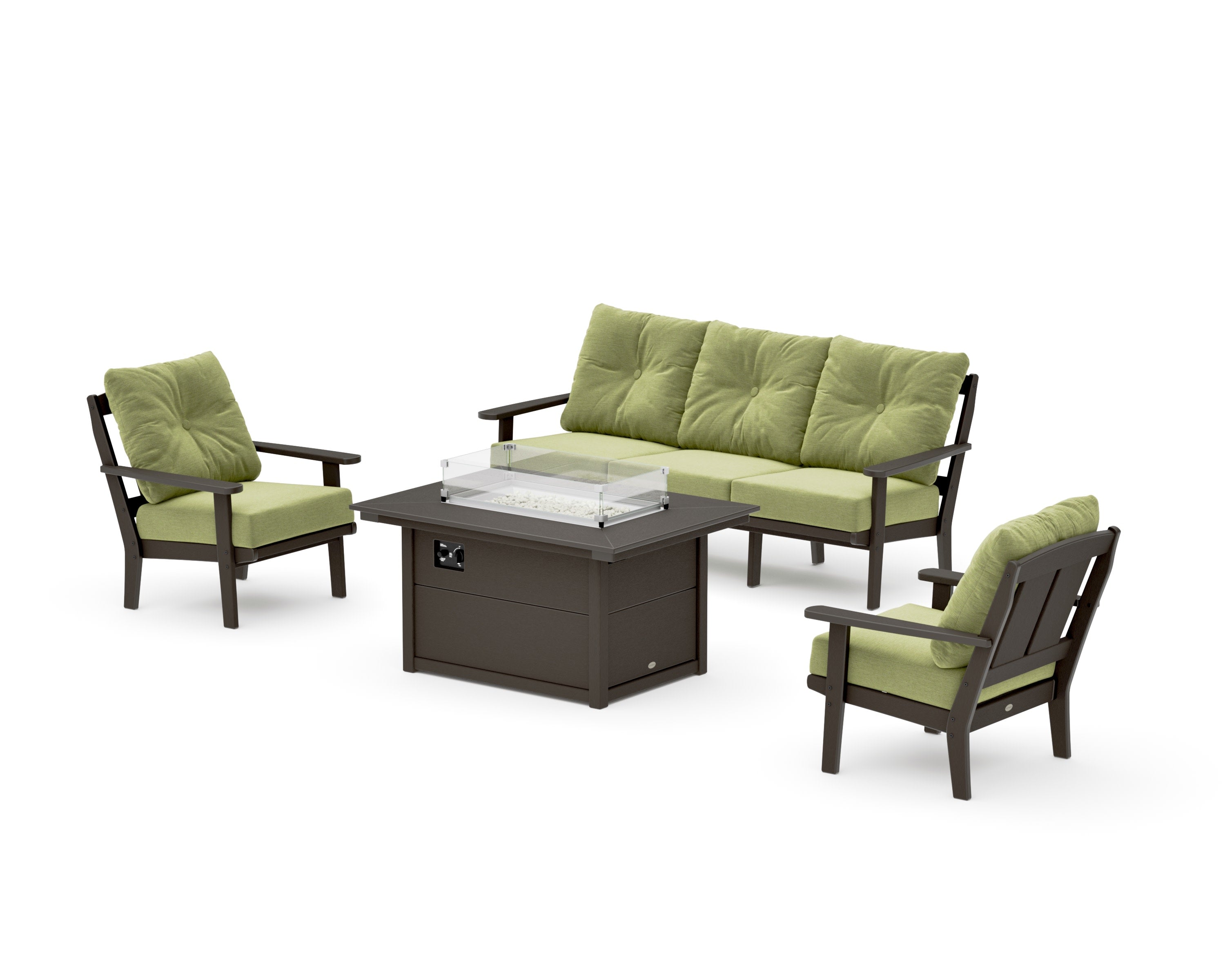 Mission Deep Seating Fire Pit Table Set in Vintage Coffee / Chartreuse Boucle