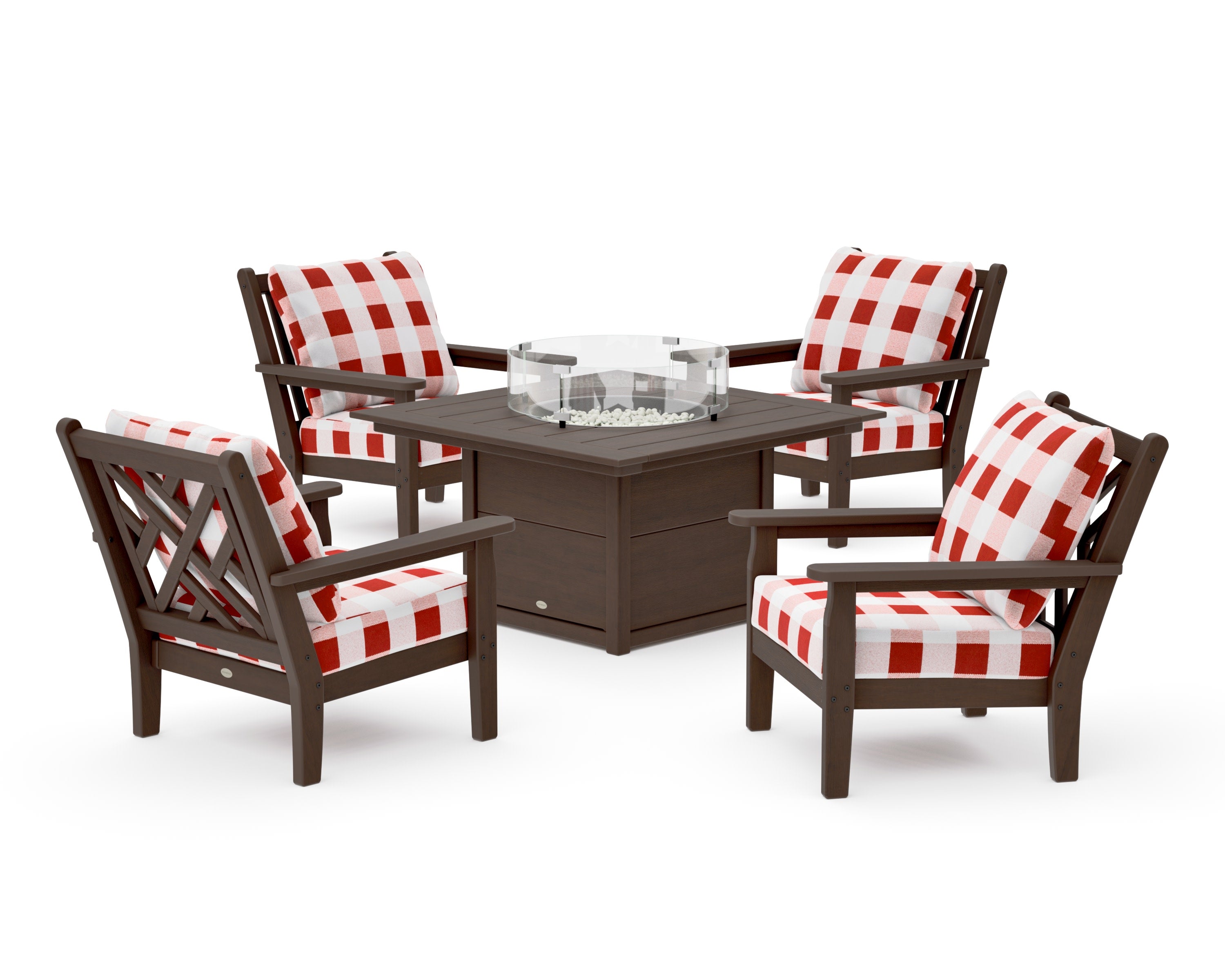 Chippendale 5-Piece Deep Seating Set with Fire Pit Table in Kona / Buffalo Plaid Crimson
