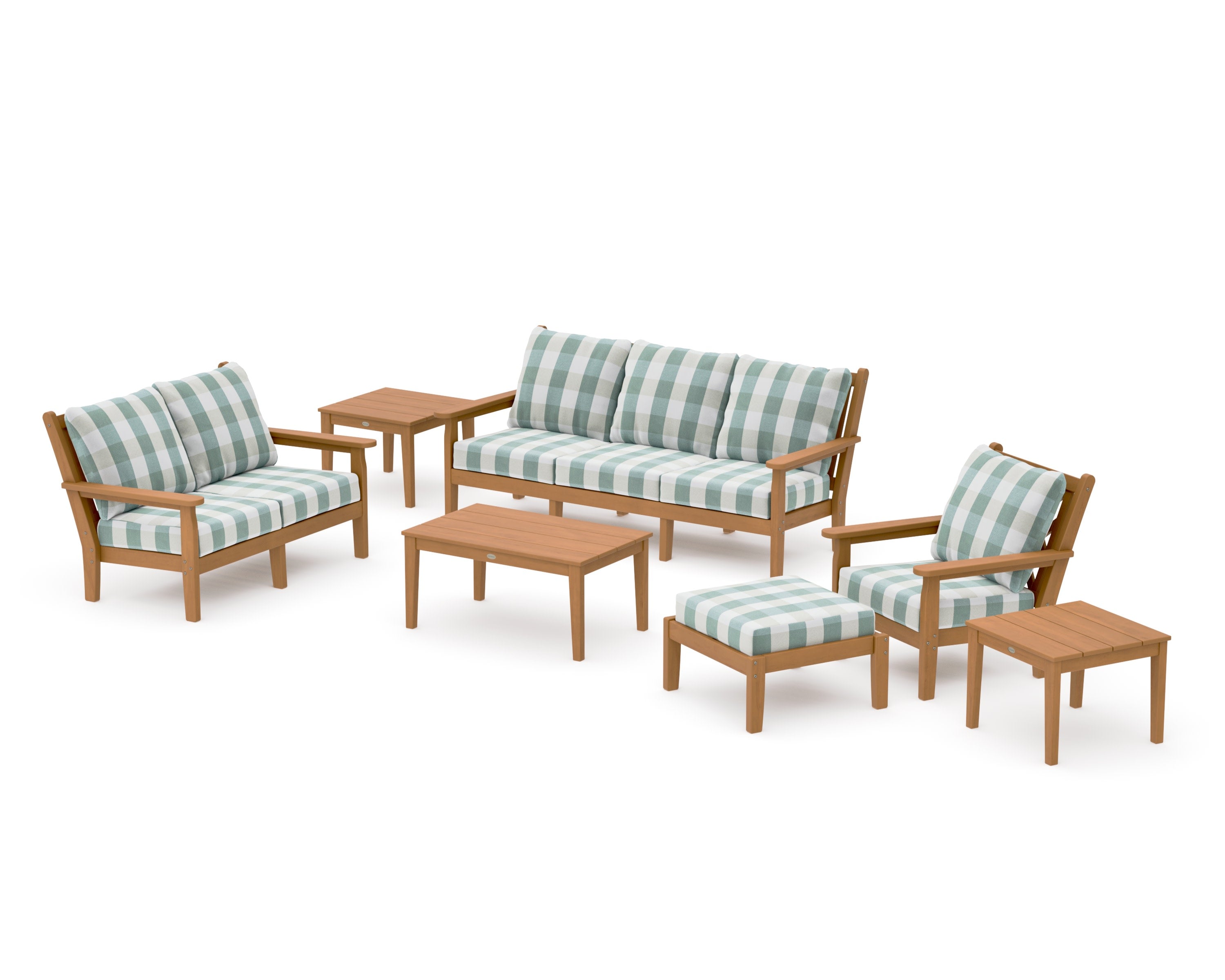 Chippendale 7-Piece Deep Seating Set in Natural / Buffalo Plaid Glacier Spa