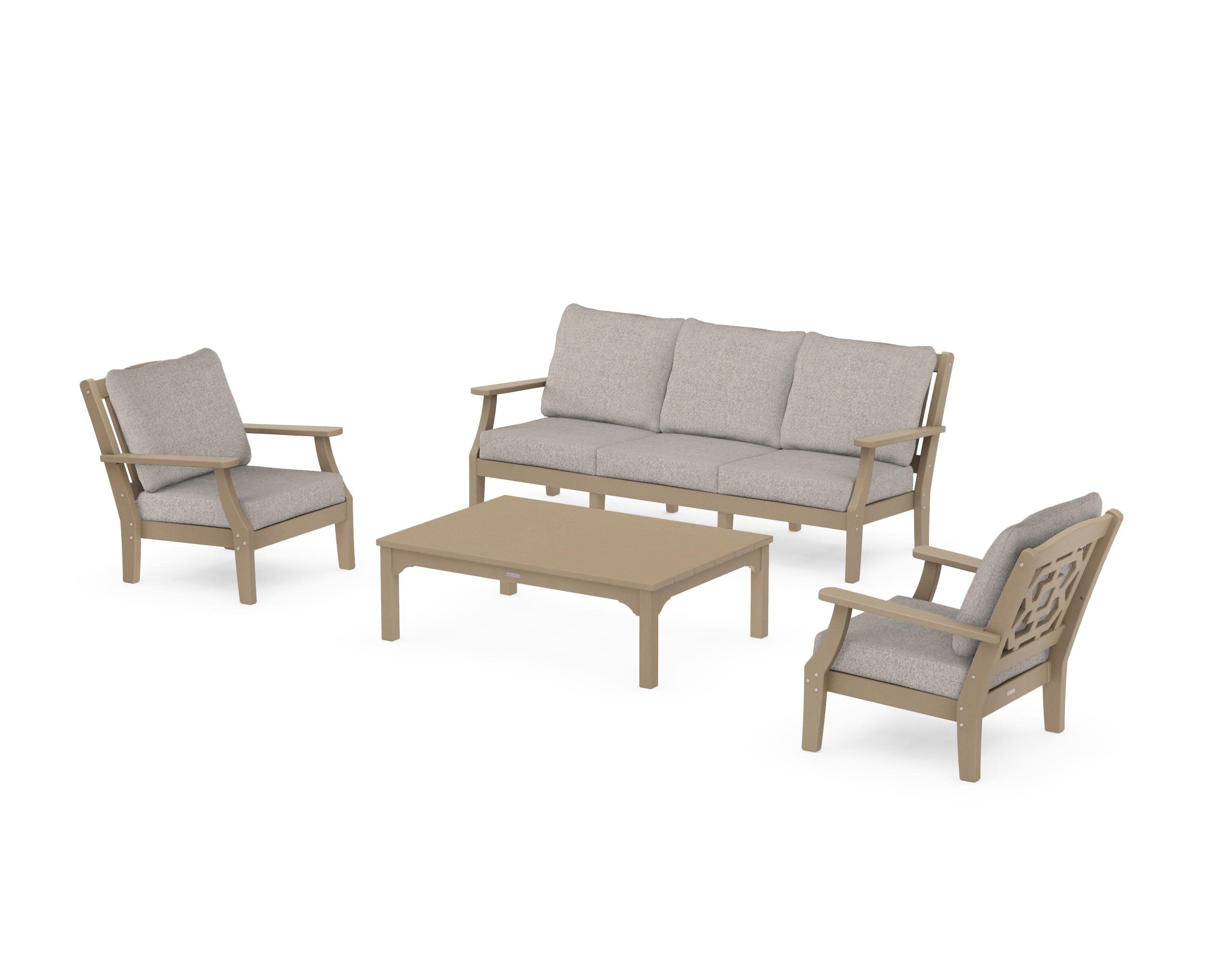 Chinoiserie 4-Piece Deep Seating Set with Sofa in Vintage Sahara / Weathered Tweed