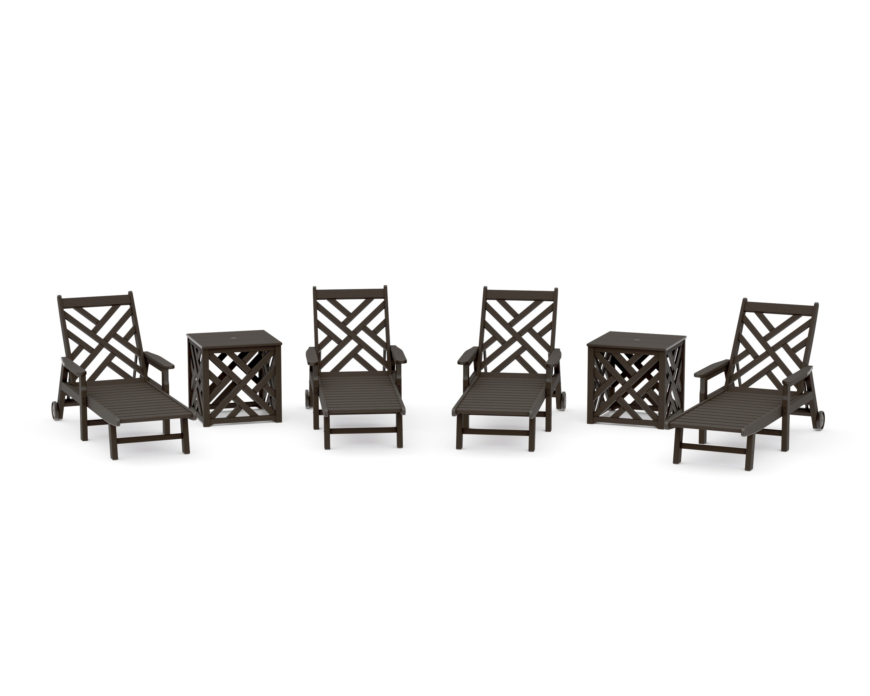 Chippendale 6-Piece Chaise Set with Umbrella Stand Accent Table in Vintage Coffee