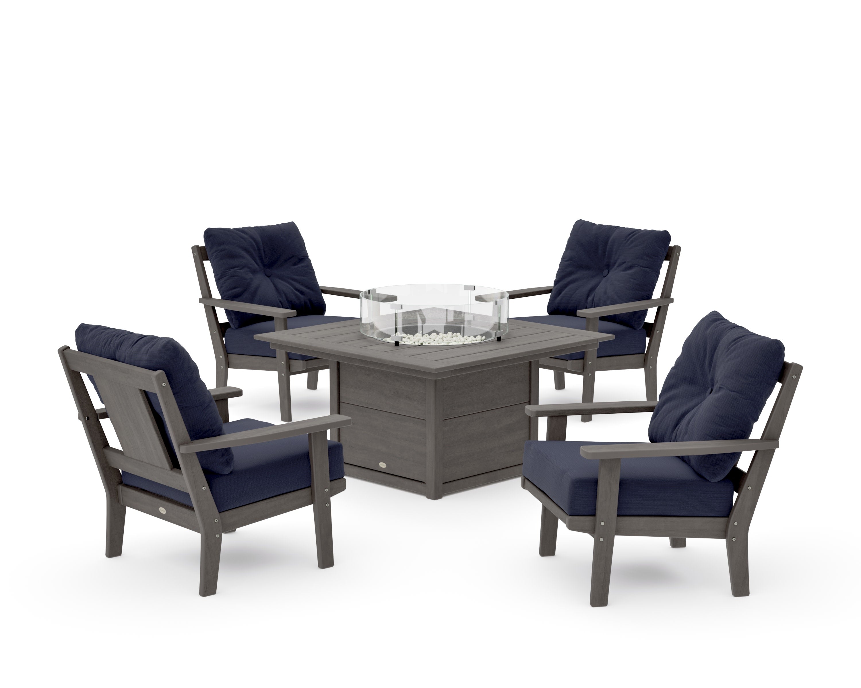 Prairie 5-Piece Deep Seating Set with Fire Pit Table in Driftwood / Navy Linen