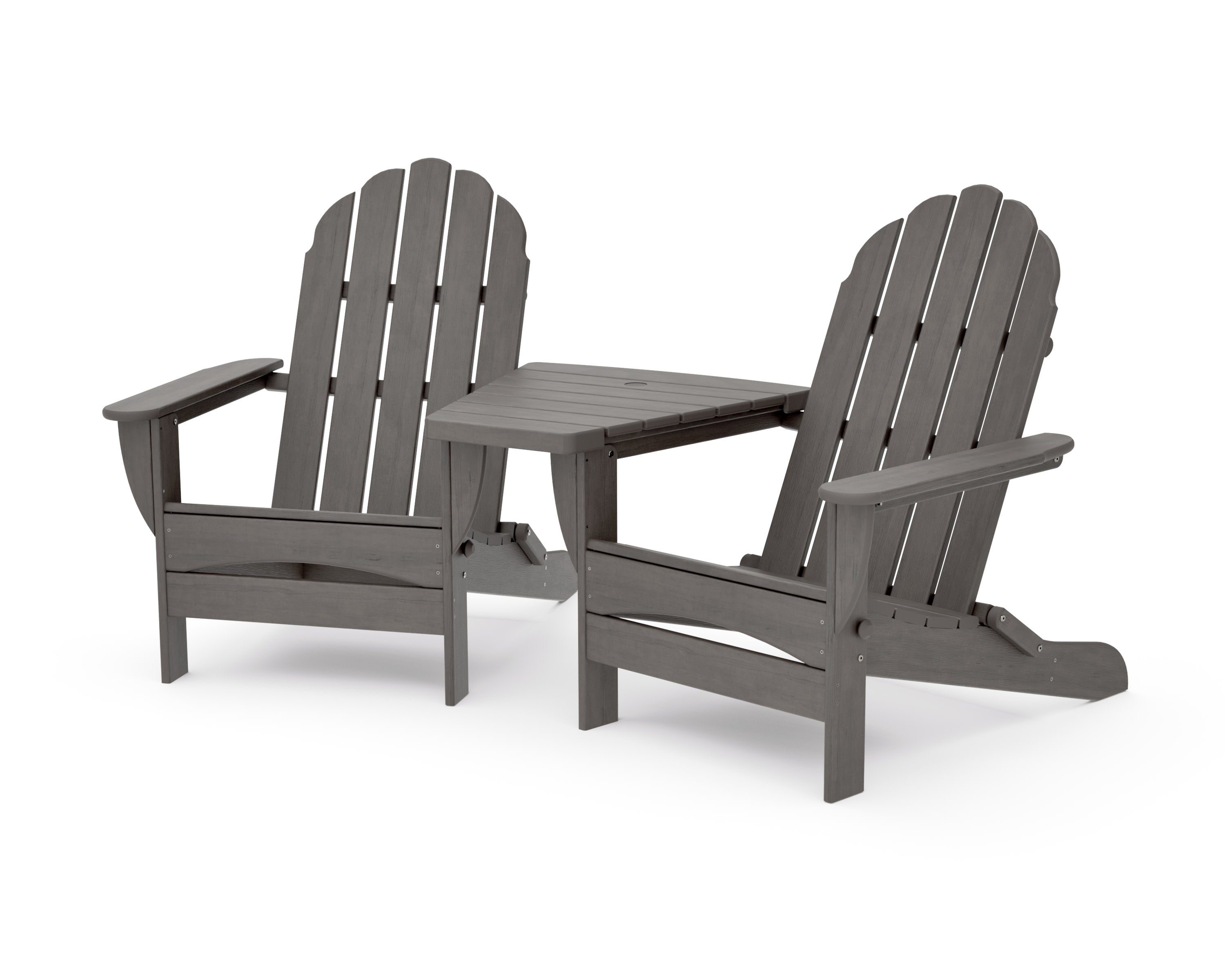 Classic Oversized Adirondacks with Angled Connecting Table in Driftwood