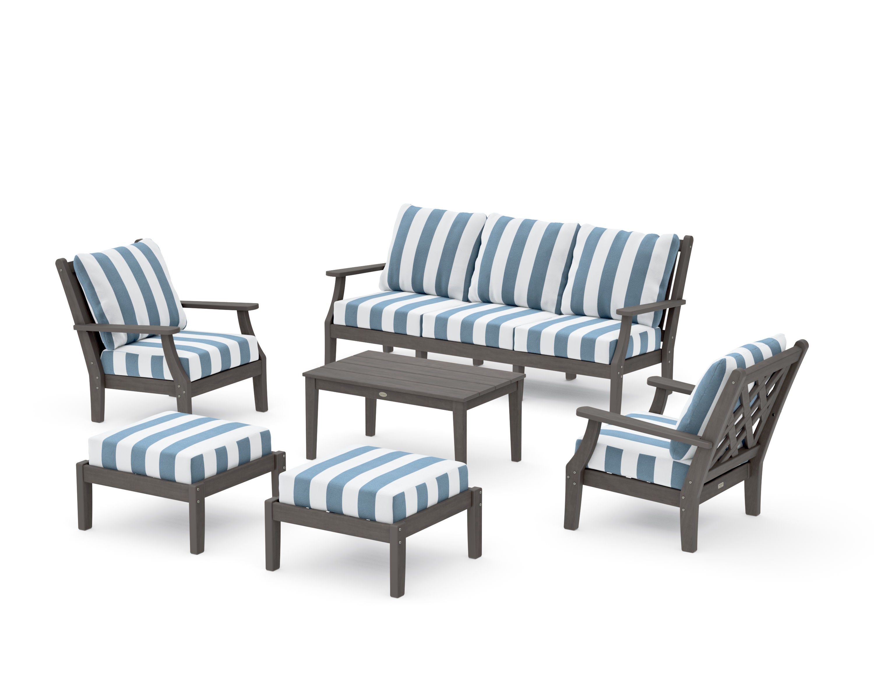 Wovendale 6-Piece Lounge Sofa Set in Driftwood / Cabana Stripe Sky Blue