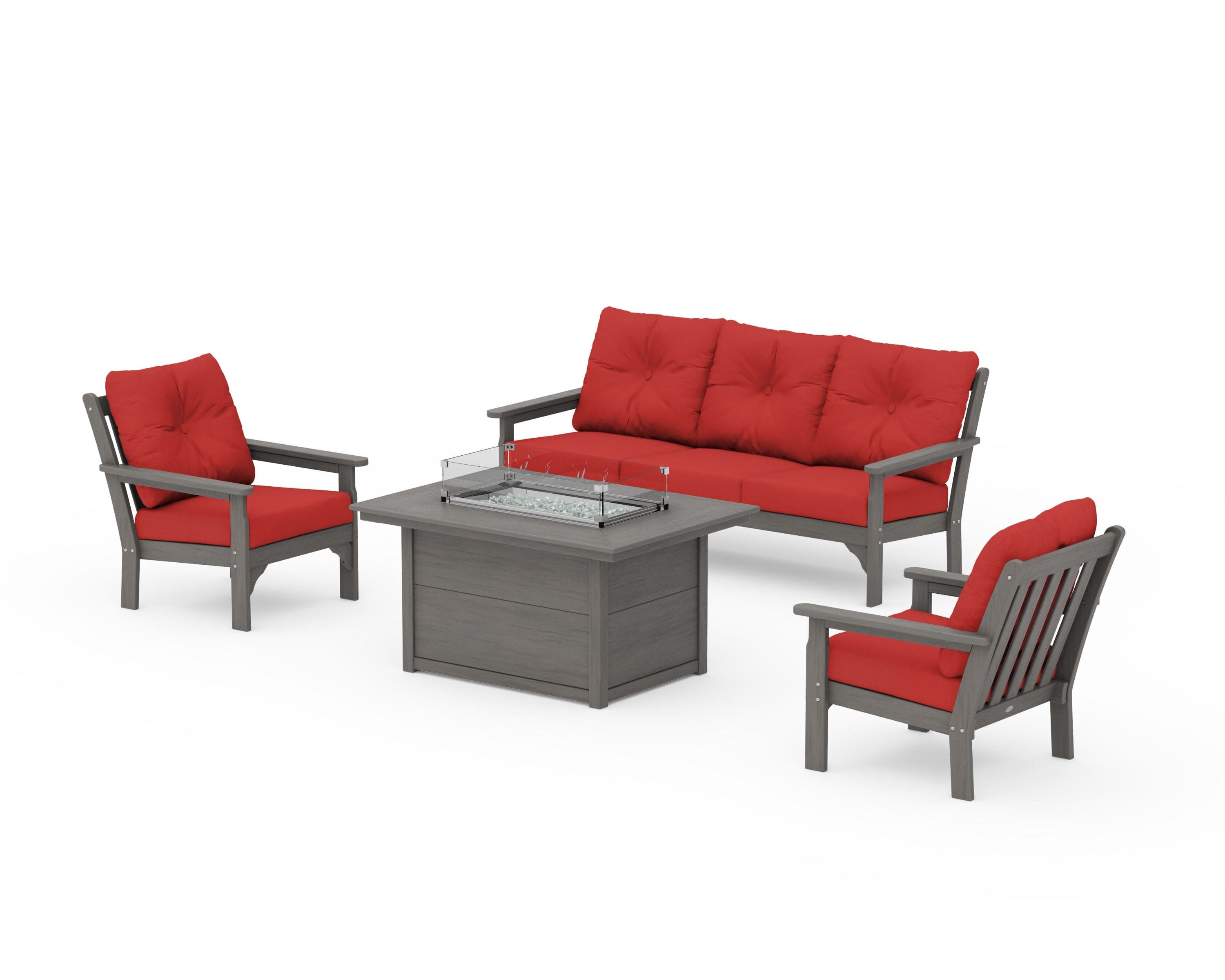 Vineyard Deep Seating Fire Pit Table Set in Driftwood / Crimson Linen