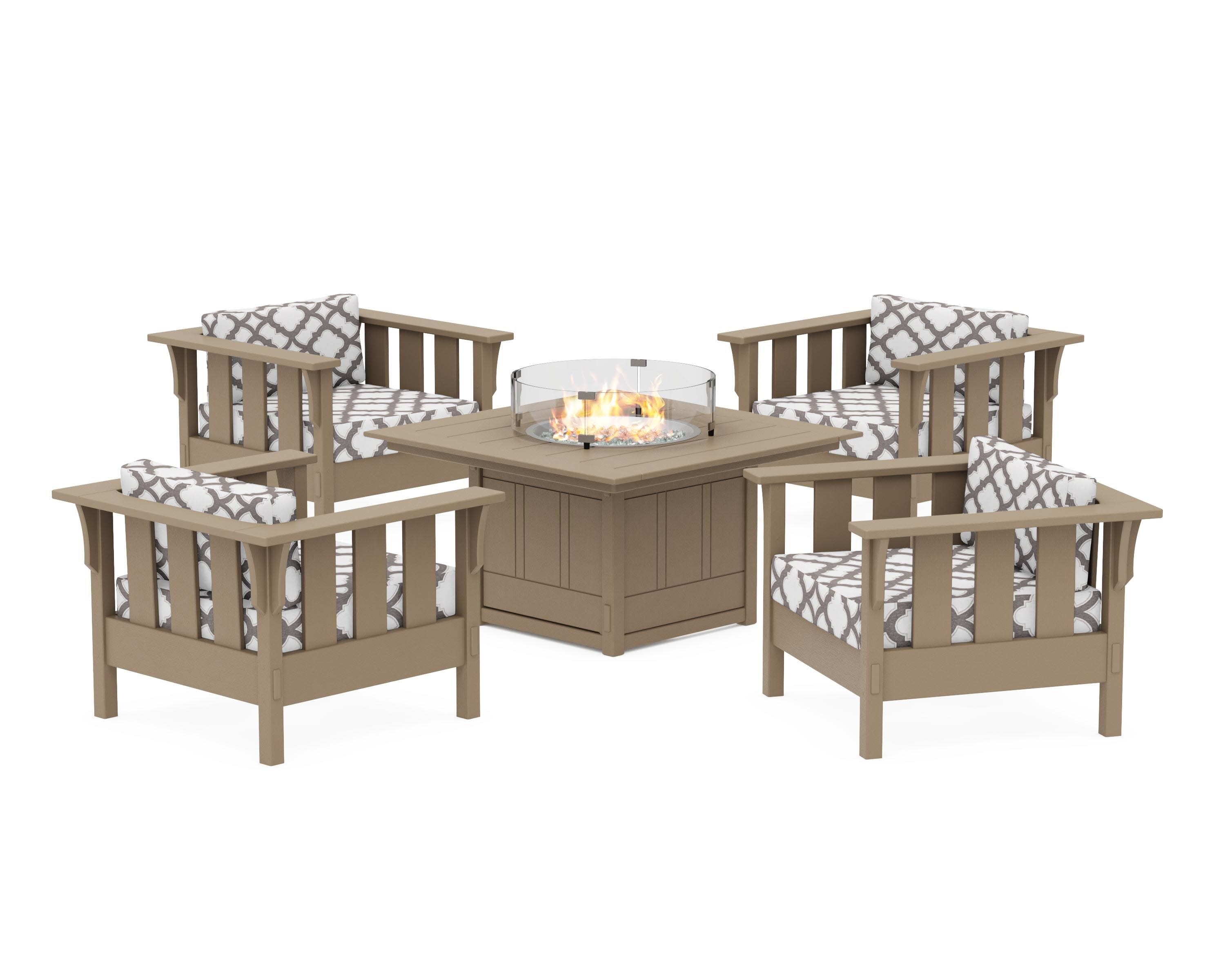 Acadia 5-Piece Deep Seating Set with Fire Pit Table in Vintage Sahara / Trellis Grey Mist
