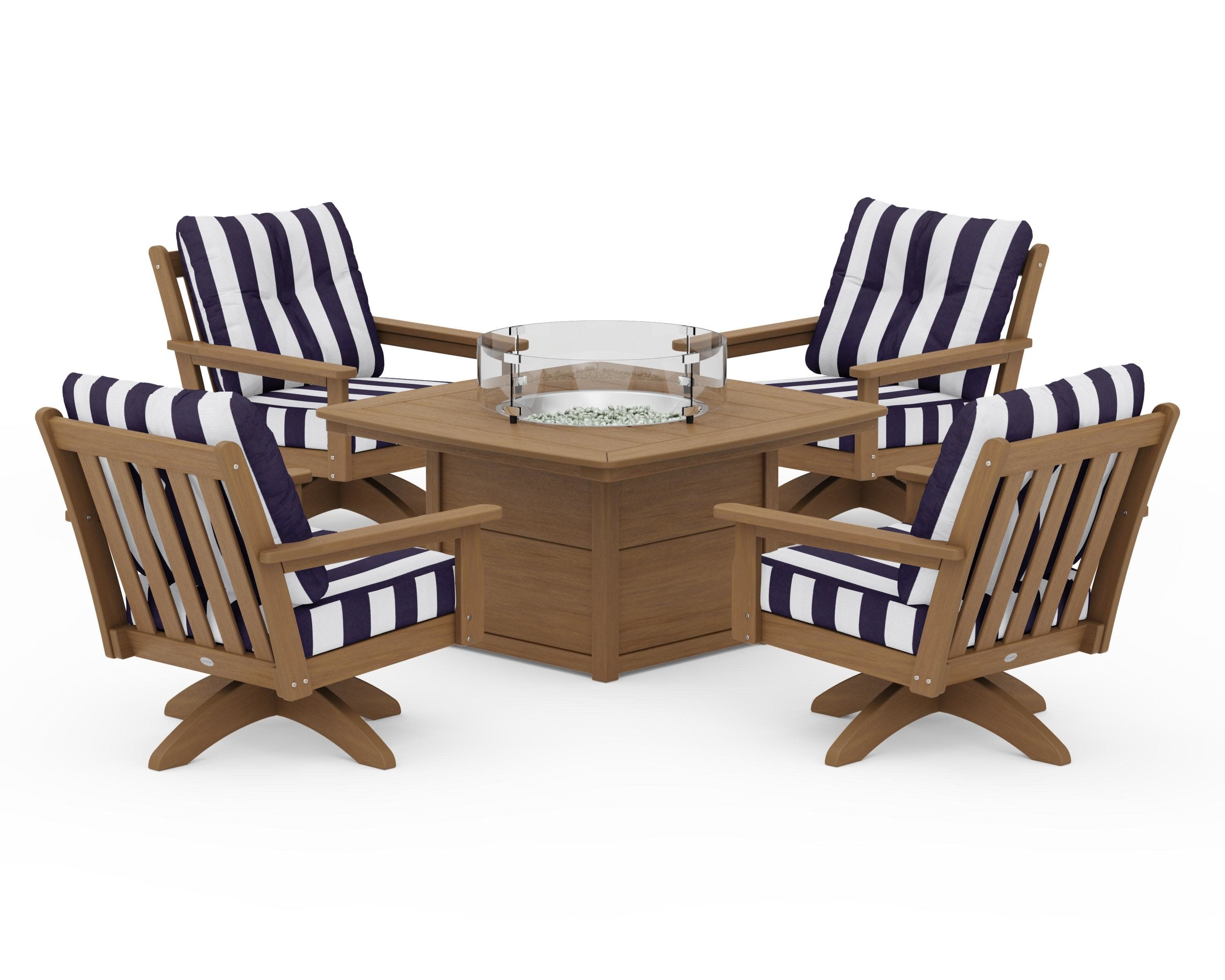 Vineyard 5-Piece Deep Seating Swivel Conversation Set with Fire Pit Table in Natural / Cabana Stripe Navy
