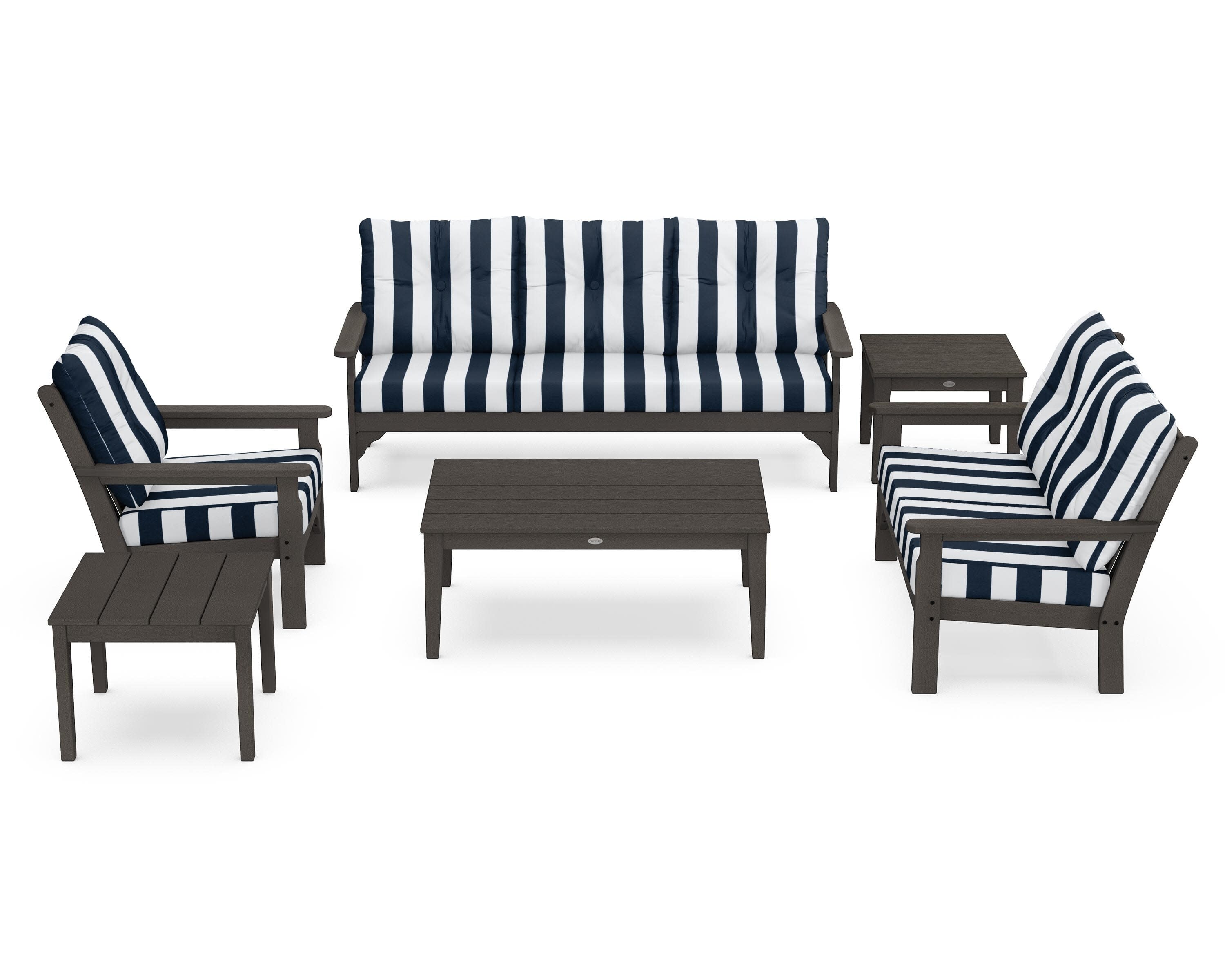 Vineyard 6-Piece Deep Seating Set in Vintage Coffee / Cabana Stripe Marine Indigo