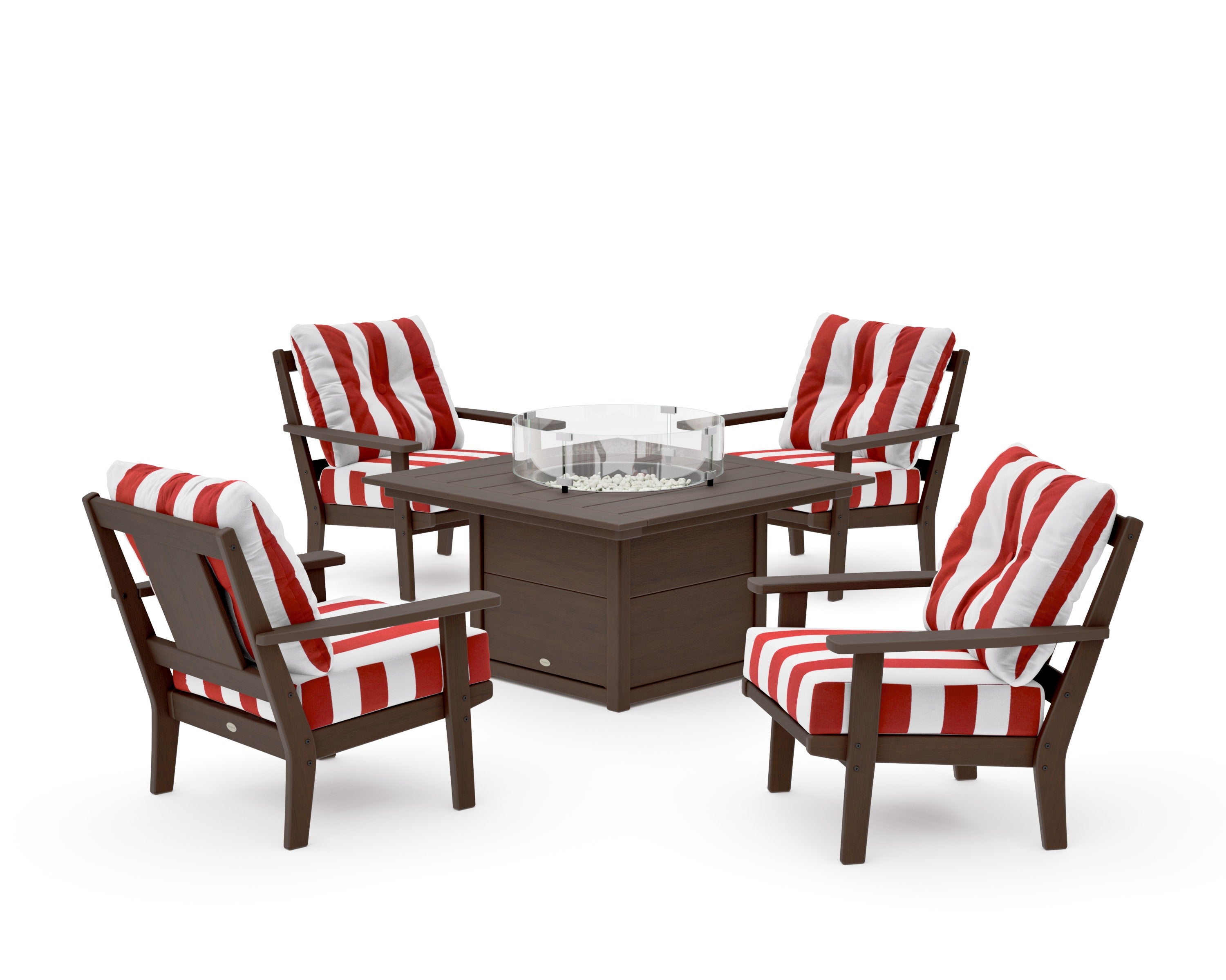 Prairie 5-Piece Deep Seating Set with Fire Pit Table in Kona / Cabana Stripe Crimson