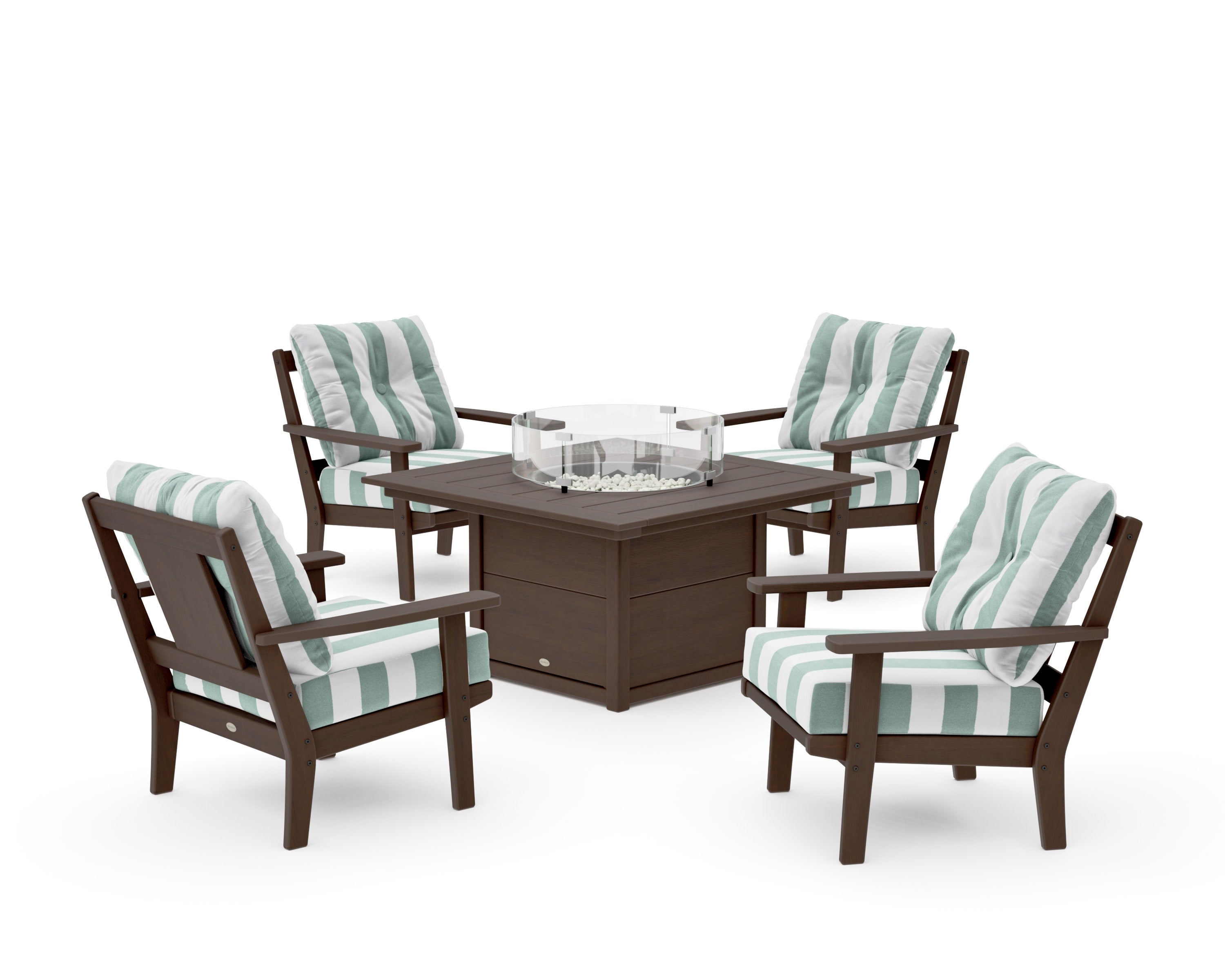 Prairie 5-Piece Deep Seating Set with Fire Pit Table in Kona / Cabana Stripe Glacier Spa