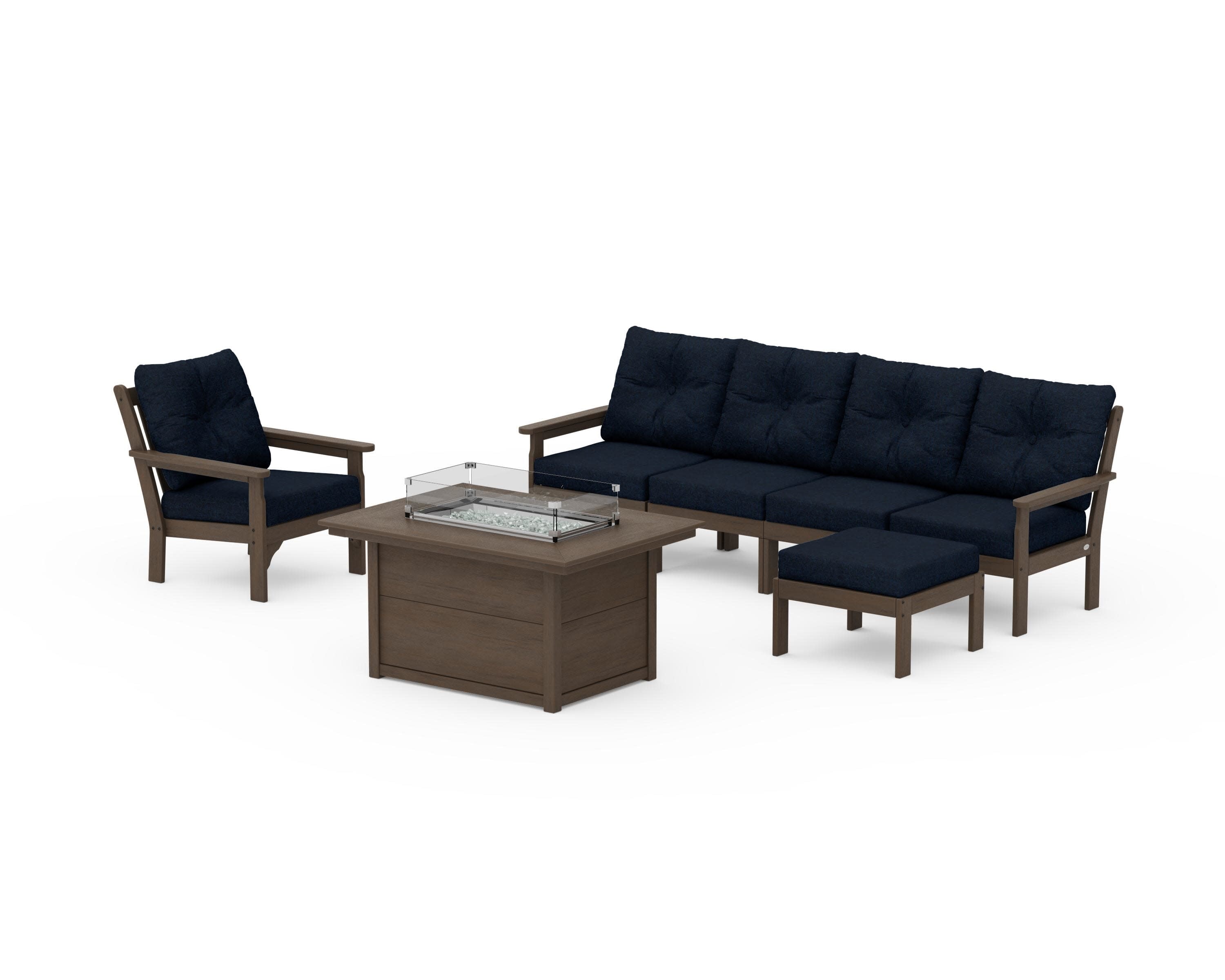 Vineyard Sectional Lounge and Fire Pit Set in Kona / Marine Indigo