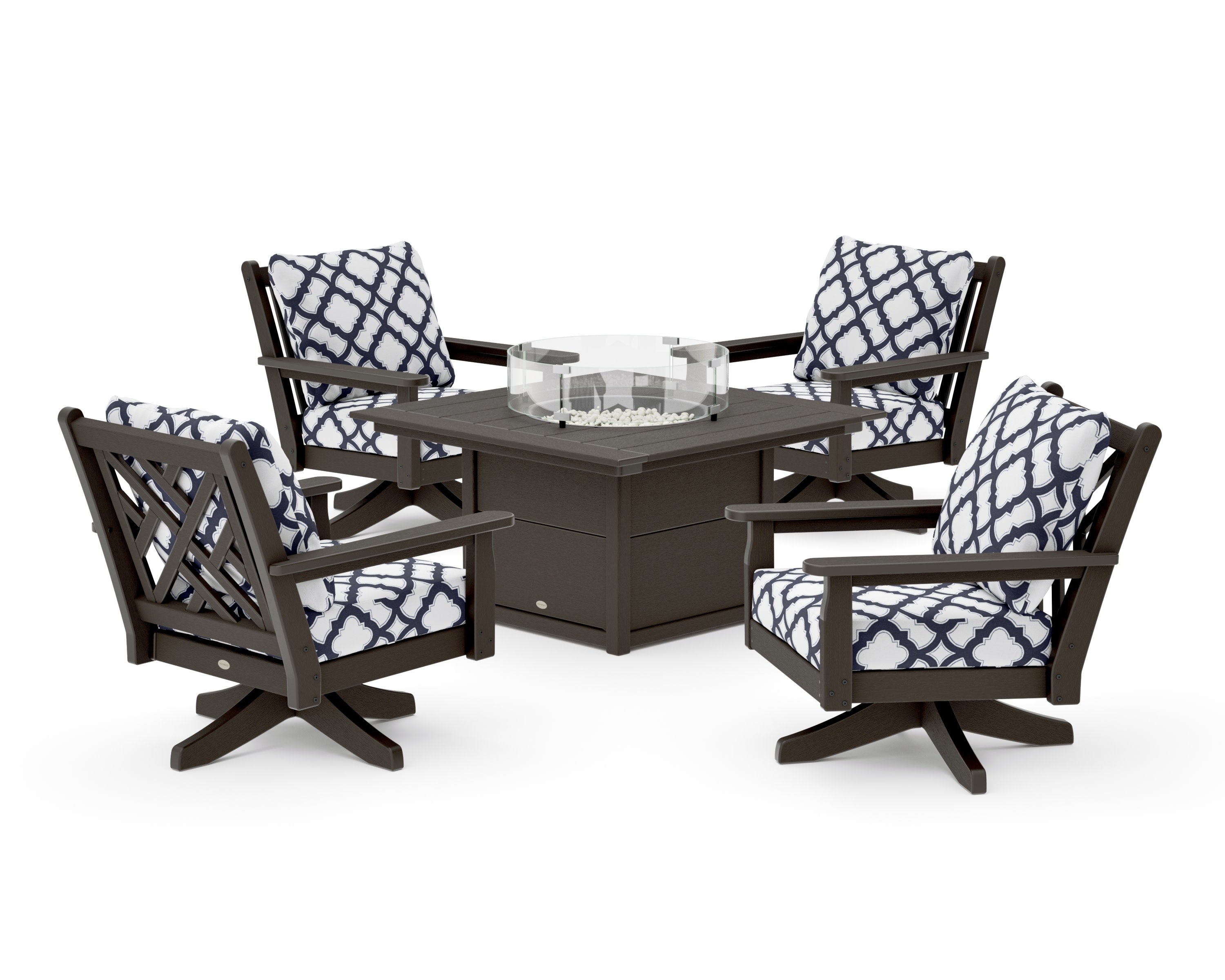 Chippendale 5-Piece Deep Seating Swivel Conversation Set with Fire Pit Table in Vintage Coffee / Trellis Navy