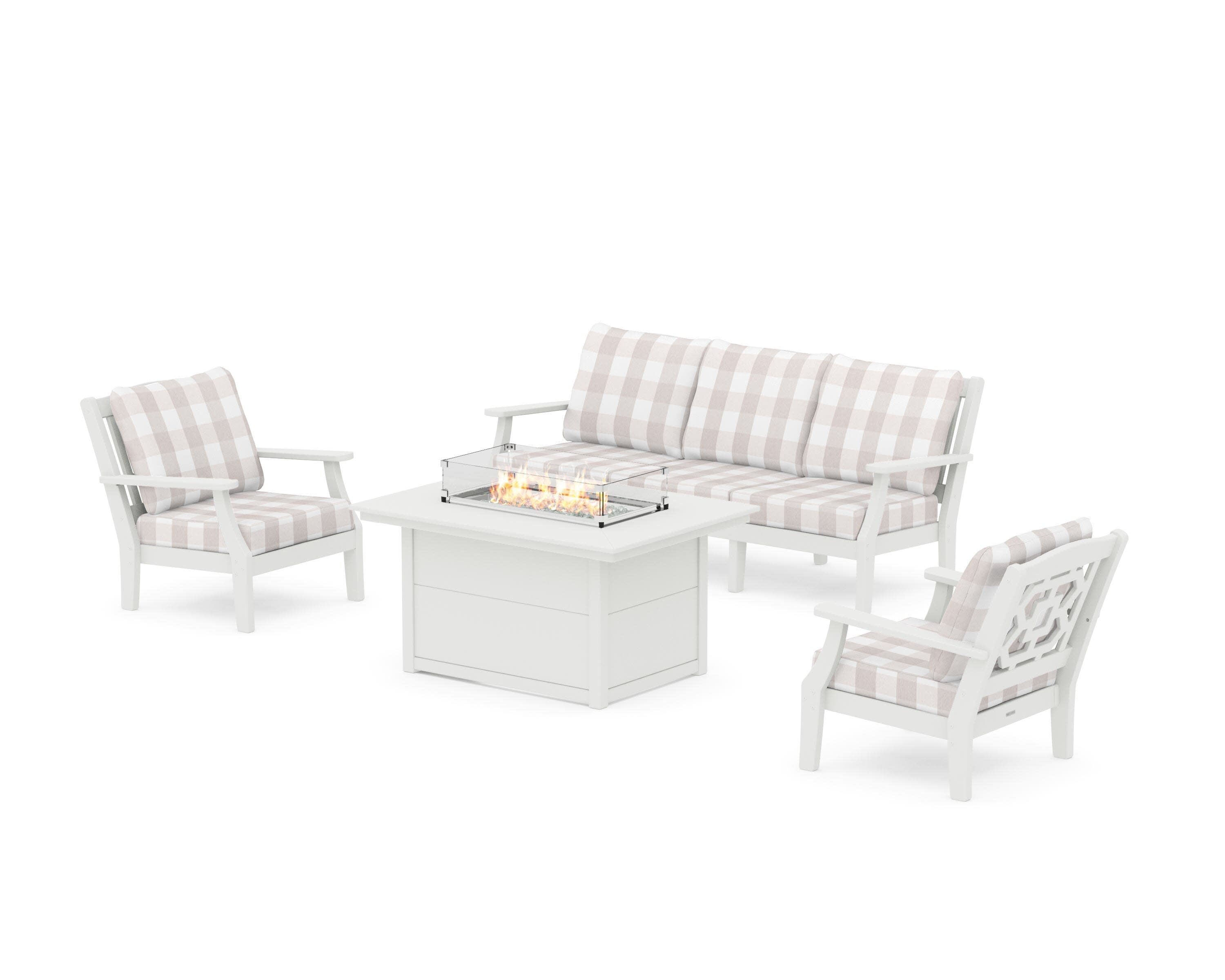 Chinoiserie Deep Seating Fire Pit Table Set in Vintage White / Buffalo Plaid Dune Burlap