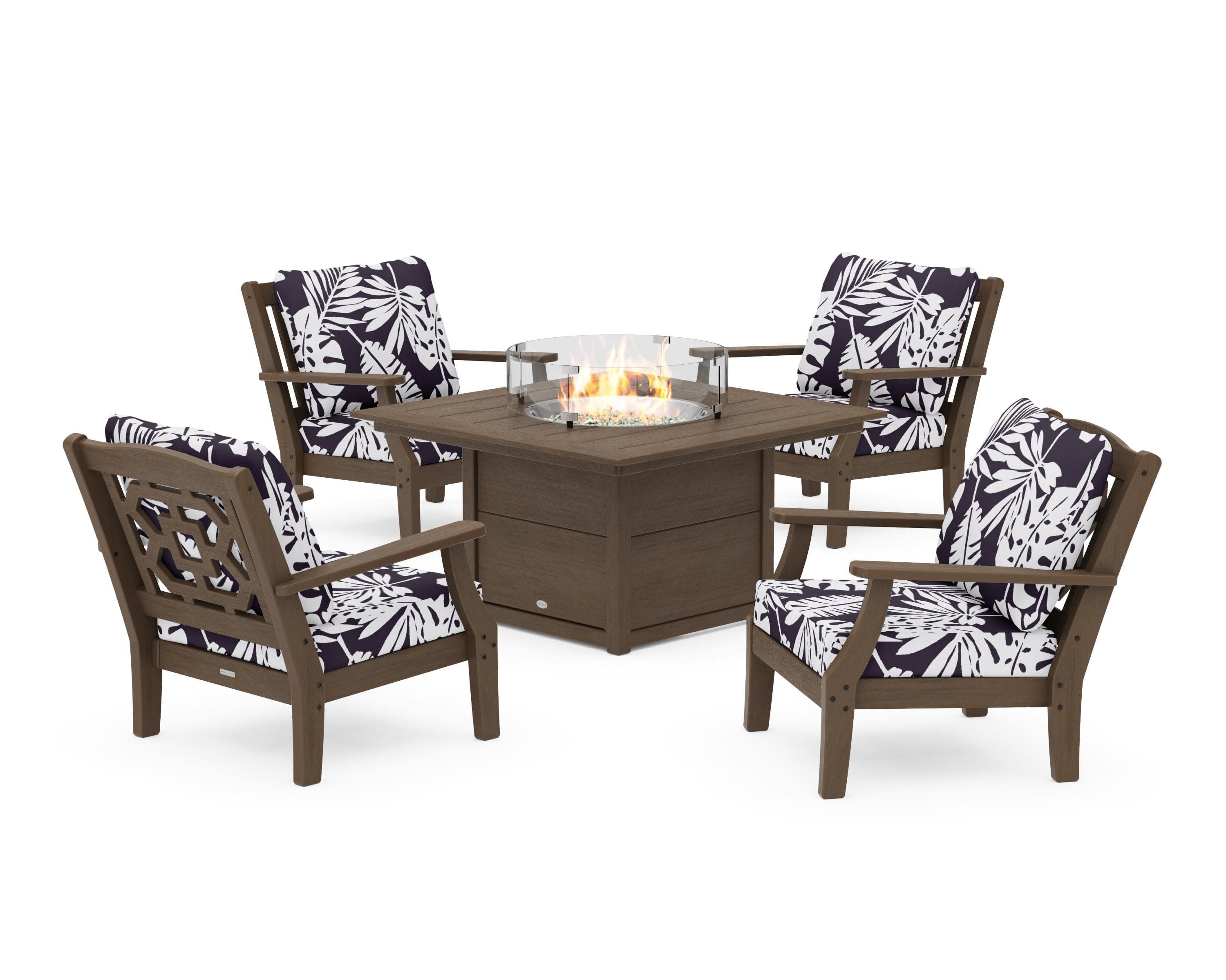 Chinoiserie 5-Piece Deep Seating Set with Fire Pit Table in Kona / Leaf Navy