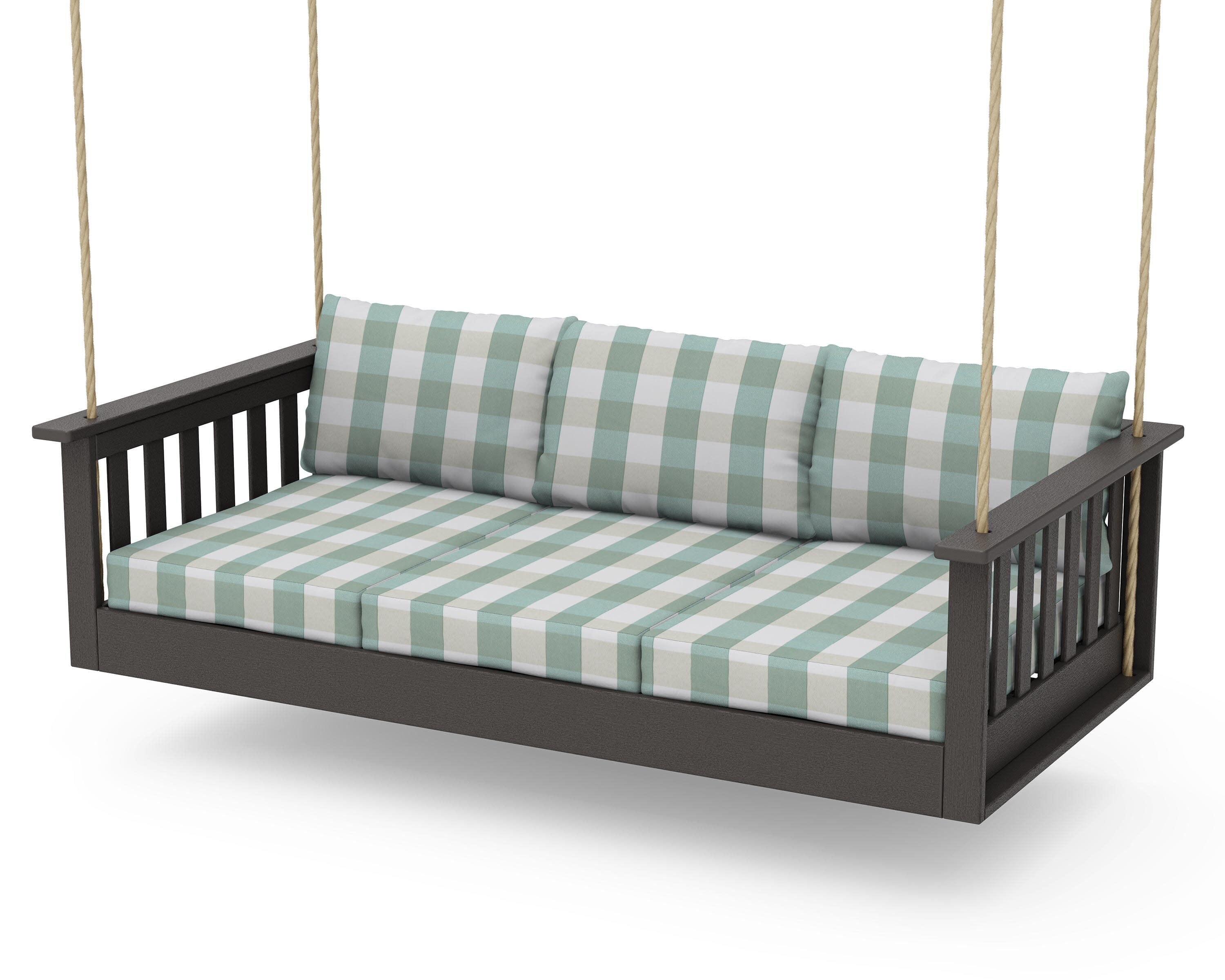 Vineyard Daybed Swing in Vintage Coffee / Buffalo Plaid Glacier Spa